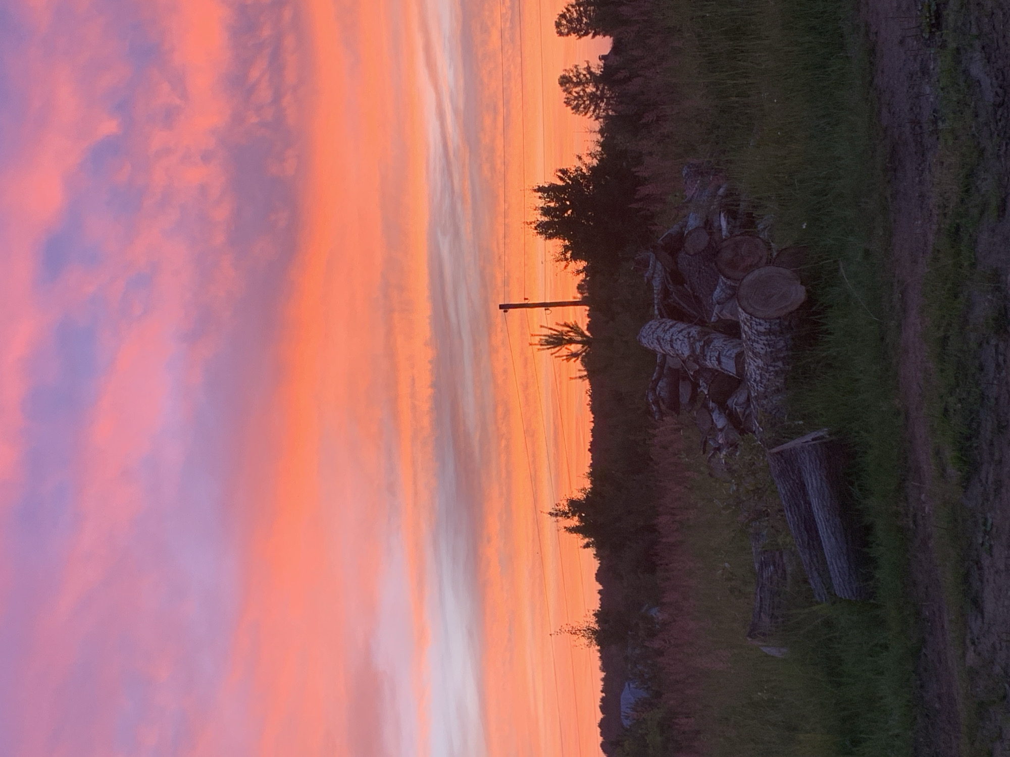 The image depicts a rural landscape at sunset. The sky is filled with vibrant hues of pink, orange, and purple, indicative of a sunset or twilight sky. In the foreground, a pile of cut logs lies on the grass. Behind the logs, a field of tall grass and vegetation stretches towards a line of trees that forms the horizon. A utility pole with wires is visible among the trees. The ground in the immediate foreground appears to be a dirt path. The image does not contain any people or specific landmarks that would identify its location within Sergeevo, Russia, beyond it being a rural setting.