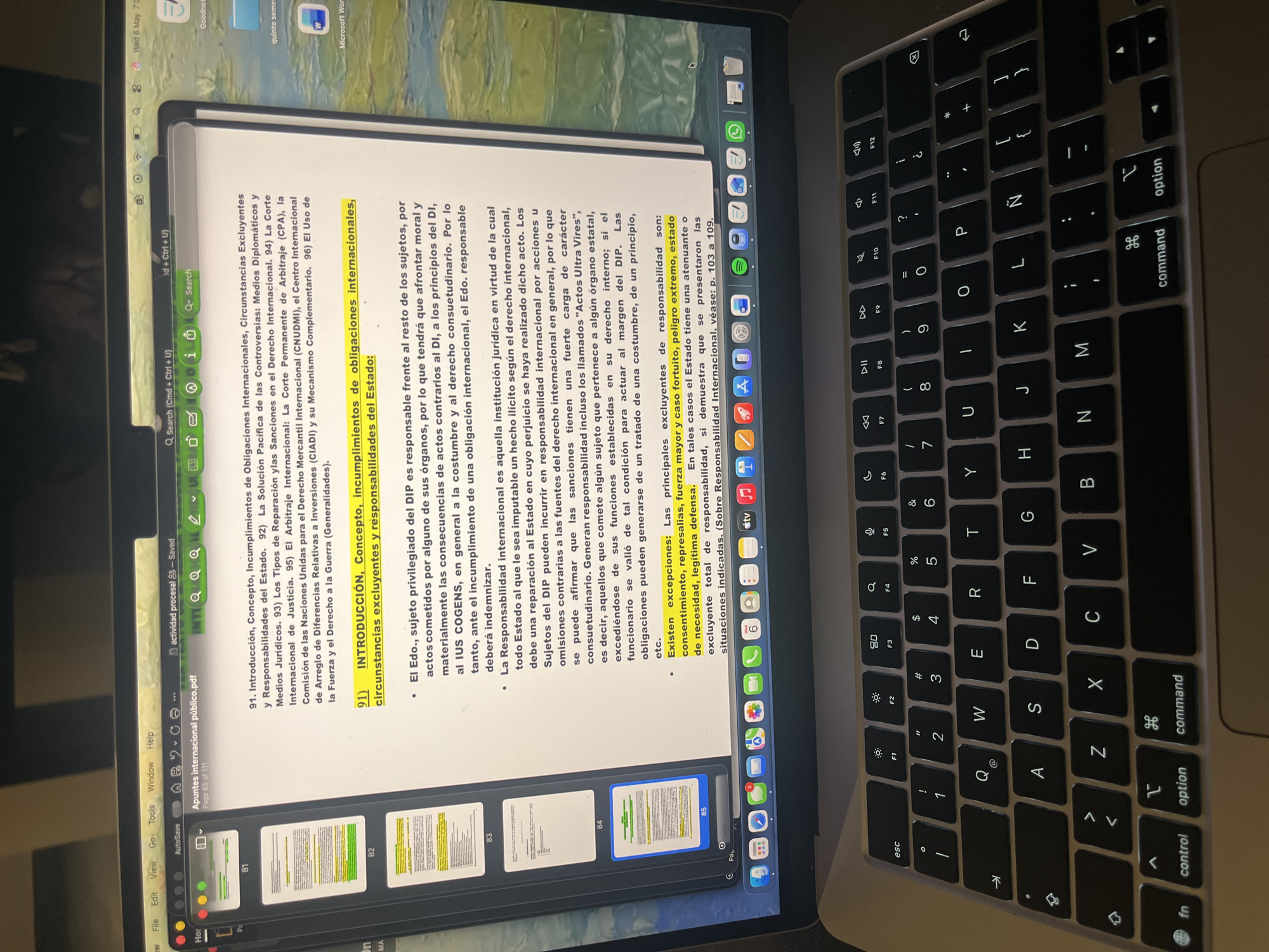 A laptop is open, displaying a PDF document in Spanish. The document is titled "Apuntes internacional público.pdf" and appears to be a study guide on international law, focusing on concepts such as international obligations and responsibilities of the state. Page 85 of 111 is visible. The laptop's keyboard is also visible. The operating system appears to be macOS. The scene does not contain enough detail to discern a specific location in San Bernardino Tlaxcalancingo, Mexico. The image contains no subjects.