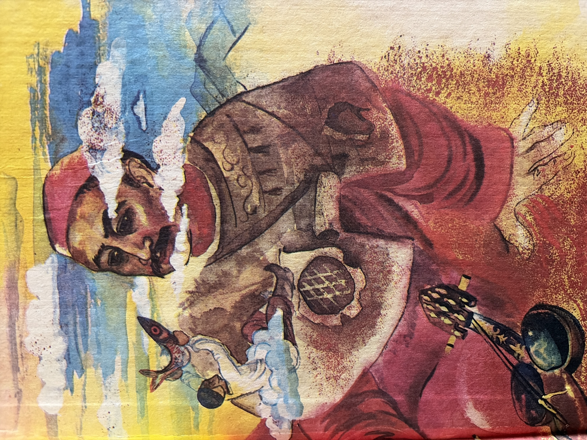 The image is a close-up, stylized watercolor painting of a man in traditional clothing. He has a mustache and is wearing a red cap. He is looking to the left, with a surprised or thoughtful expression. In his left hand, he is holding a small, colorful fish. Above him, there are stylized clouds and a blue sky with yellow streaks, suggesting a sunset or sunrise. To his right, mountains are faintly visible. In the lower left quadrant of the image, a portion of a stringed instrument, resembling a lute or guitar, is depicted, with two dark, oval-shaped tuning pegs. The man's clothing is predominantly red and brown, with intricate patterns on his tunic. The overall style is dreamlike and somewhat abstract. There is no discernible location in the city of Malyshevo, Russia, or any specific urban setting depicted in this artwork.