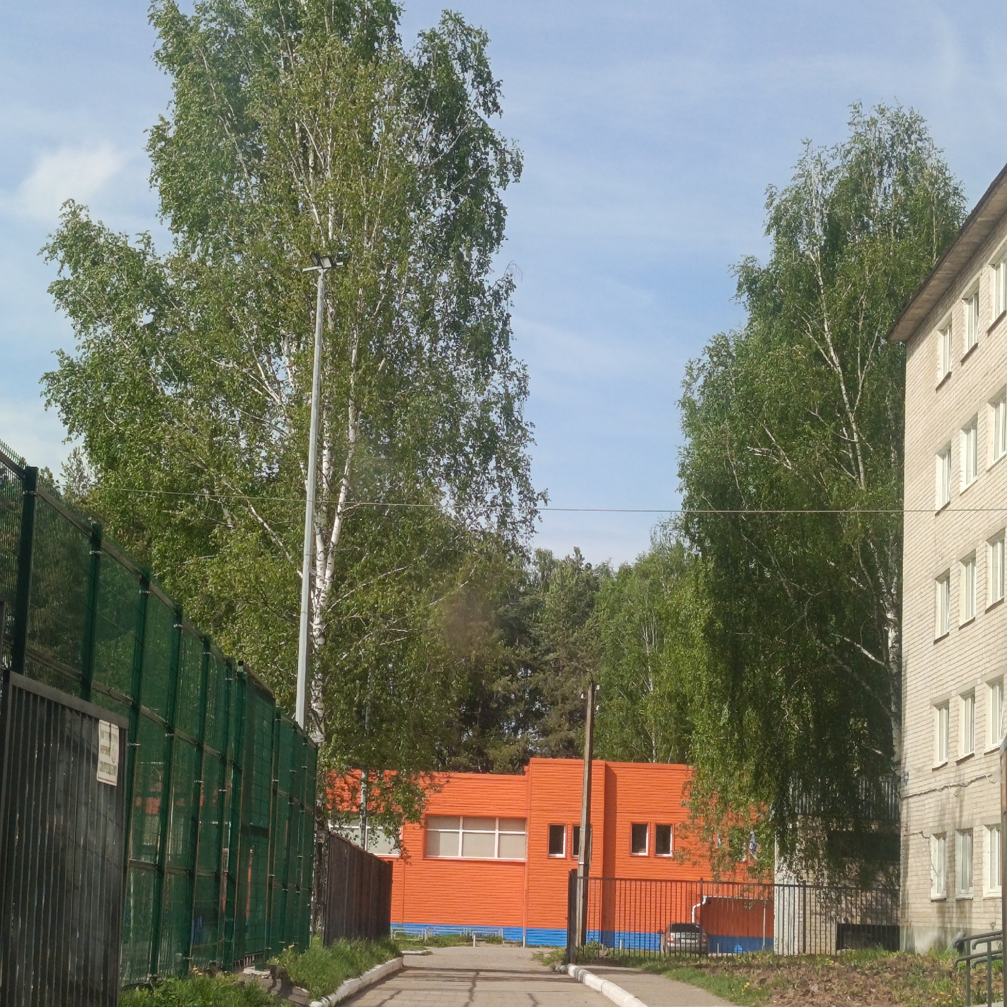 The image depicts an outdoor scene in what appears to be an urban or suburban setting. The foreground consists of a narrow paved pathway leading into the scene. To the left is a dark green metal fence, and to the right is a beige brick building.
In the midground, there's a bright orange building with a blue base, partially obscured by trees. Behind it are more trees forming a dense green backdrop.
Above the buildings and trees, the sky is visible with a light blue color and wisps of clouds. The overall lighting suggests it's daytime, likely during the warmer months, given the green foliage.
There is no evidence of people or specific actions/interactions within the frame. The environment appears to be a mix of residential/institutional buildings and natural greenery.
While the prompt mentioned the city of Chaikovsky, Russia, there is no verifiable way to confirm this location using image recognition alone.