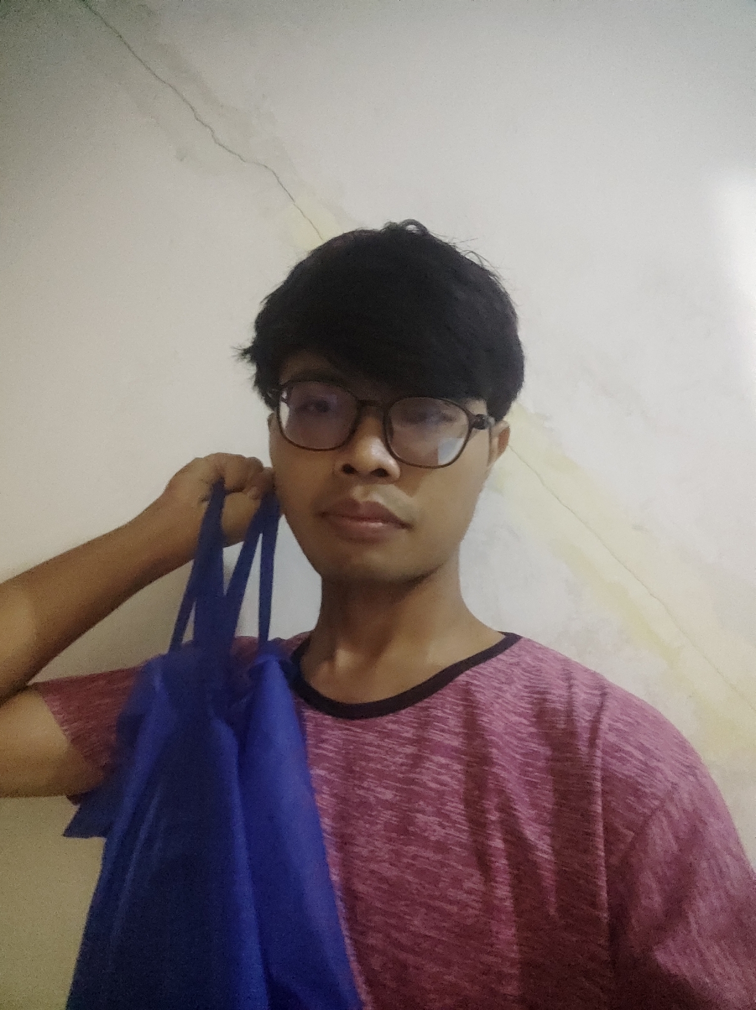 A young man wearing glasses and a pink t-shirt is standing in front of a light-colored wall with a crack. He is holding a blue bag over his left shoulder with his right hand. The man has dark, short hair that covers his forehead. The wall appears to be an interior wall, possibly in a home or building in Trihanggo, Indonesia.