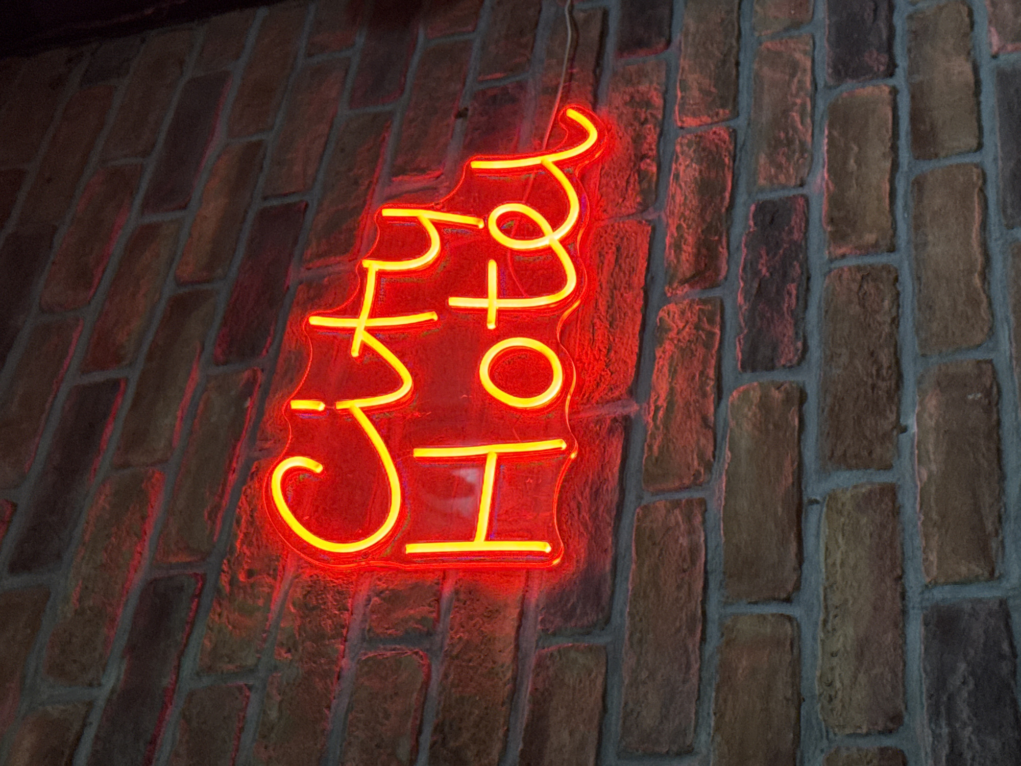A red neon sign, reading "City Hotel," is mounted on a brick wall. The sign is made up of individual neon tubes that spell out the words. The bricks are various shades of brown, gray, and tan. The lighting is artificial, creating a warm glow around the sign. No people or other objects are visible in the frame.
