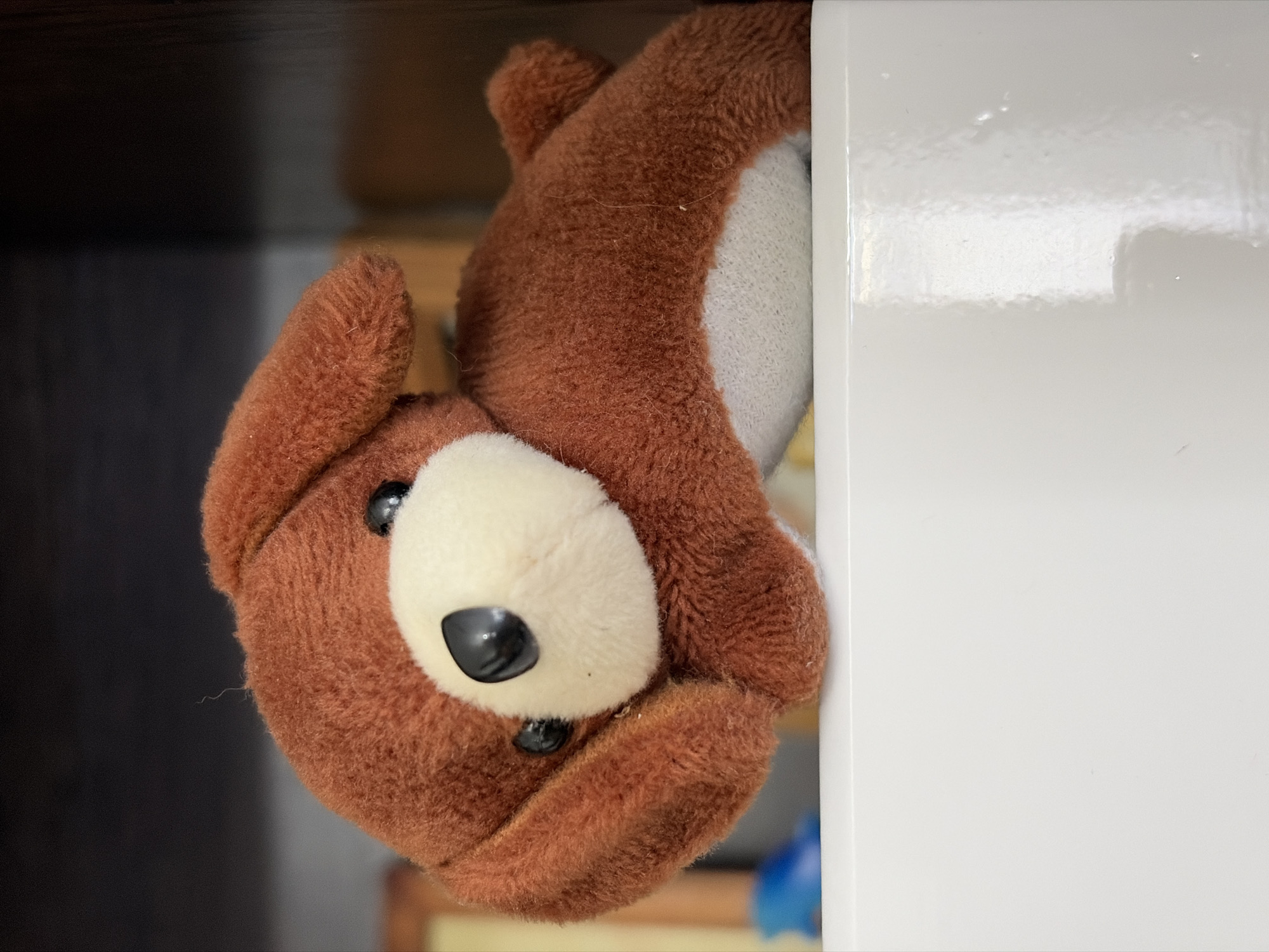 A close-up, eye-level shot shows a brown plush toy dog resting its head on a white surface. The dog's body is positioned horizontally, with its head on the left and its tail on the right. The dog has black button eyes and a cream-colored snout. The background is dark and out of focus, with hints of shelves or furniture. The white surface appears to be the top of a rectangular object, possibly a box or a shelf. The lighting is soft, highlighting the texture of the plush toy and the slight sheen on the white surface. There are no people or other objects clearly visible in the image. The scene is static and suggests a domestic or indoor environment. The image was taken at an unknown location in Unknown, Unknown.