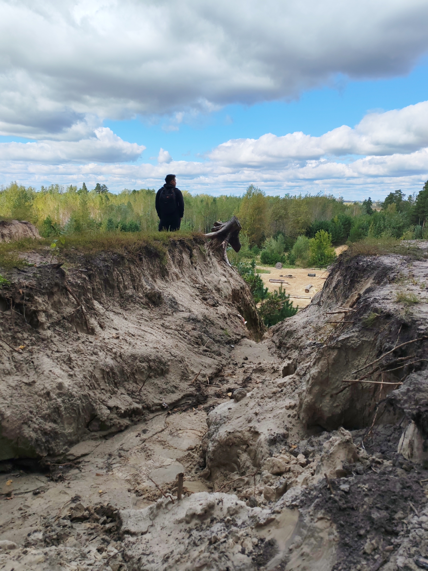 The image depicts a person standing on the edge of a significant erosion gully. The gully appears to be the result of natural processes or possibly human activity, with exposed soil and debris. In the background, a dense forest of deciduous and coniferous trees is visible, under a sky with scattered clouds. Beyond the forest, a field with some scattered objects like logs and tires is discernible, suggesting a possible recreational or industrial area. The foreground is dominated by the textured surface of the eroded land. The scene is outdoors, likely in a natural or semi-natural environment on the outskirts of Kurgan, Russia, given the user's prompt. The person is wearing dark clothing and a backpack.