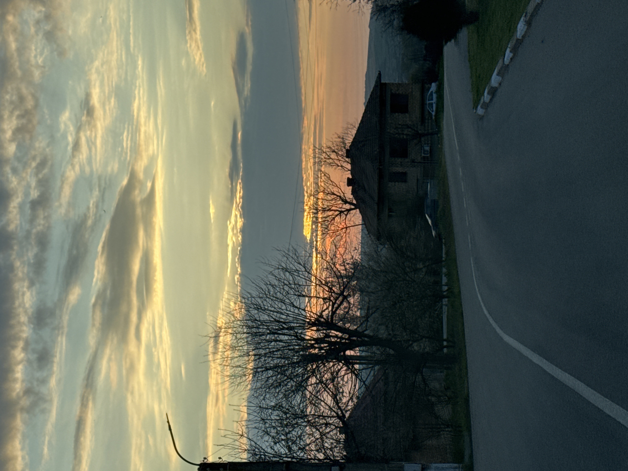 The image shows a sunset landscape in Beltsov, Bulgaria. In the foreground, a bare tree stands next to a two-story house with a dark roof, bordering a curving asphalt road with a white line. The sky is filled with clouds illuminated by the setting sun.
