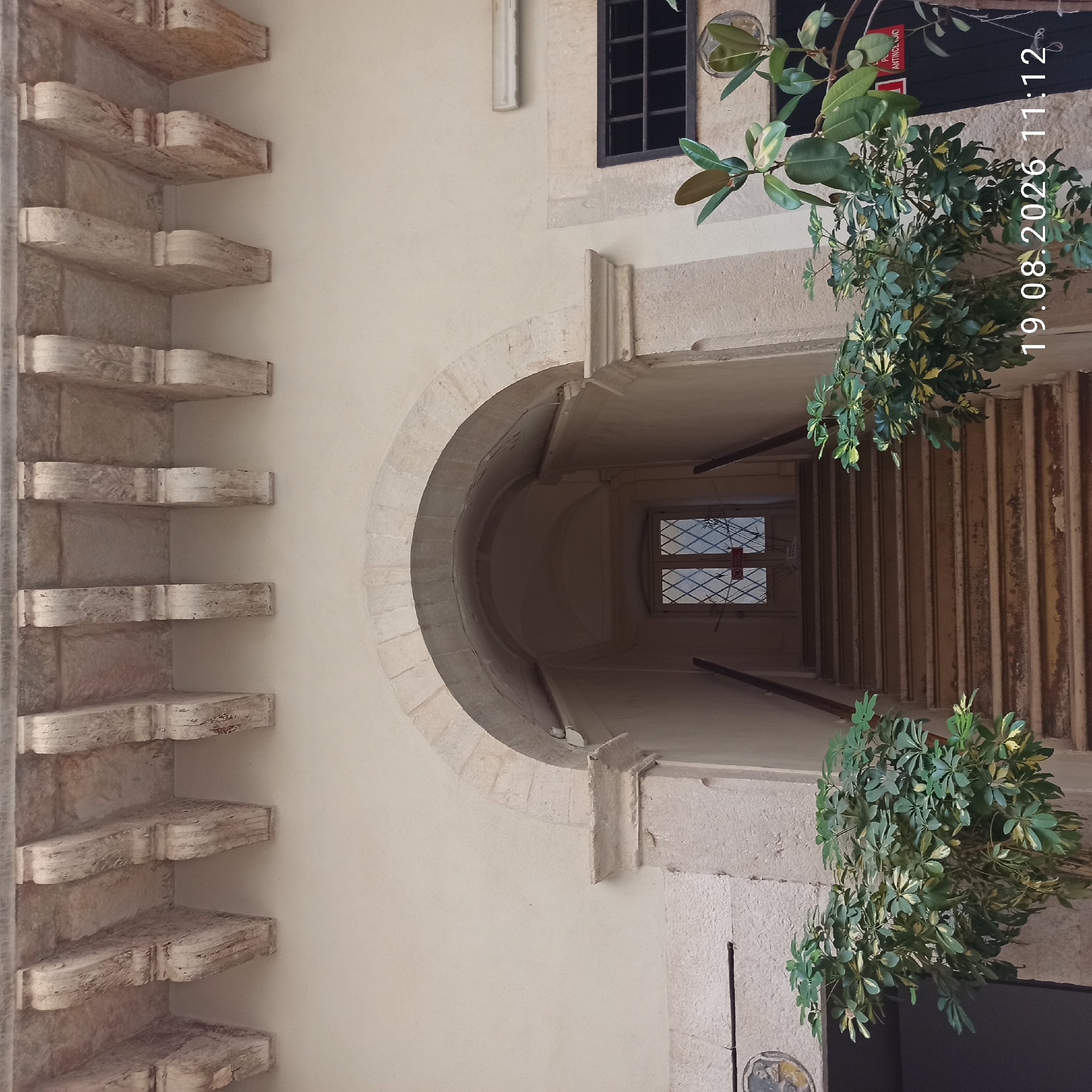 The image shows an exterior view of an arched entryway leading to a set of stairs in Ruvo di Puglia, Italy. The architectural style is characterized by stone corbels supporting a ledge or balcony above the entryway. The building appears to be constructed of light-colored stone or stucco.
In the foreground, there are two potted plants with lush green and yellow foliage. To the right, a dark-colored window with a grid pattern is visible. The entryway itself features a staircase with several steps, flanked by railings. At the top of the stairs, a glass-paneled door with a diamond-shaped pattern is visible, and a red sign is attached to it. The overall scene suggests an entrance to a historical building or courtyard. The date and time "19.08.2026 11:12" is superimposed on the lower right of the image.