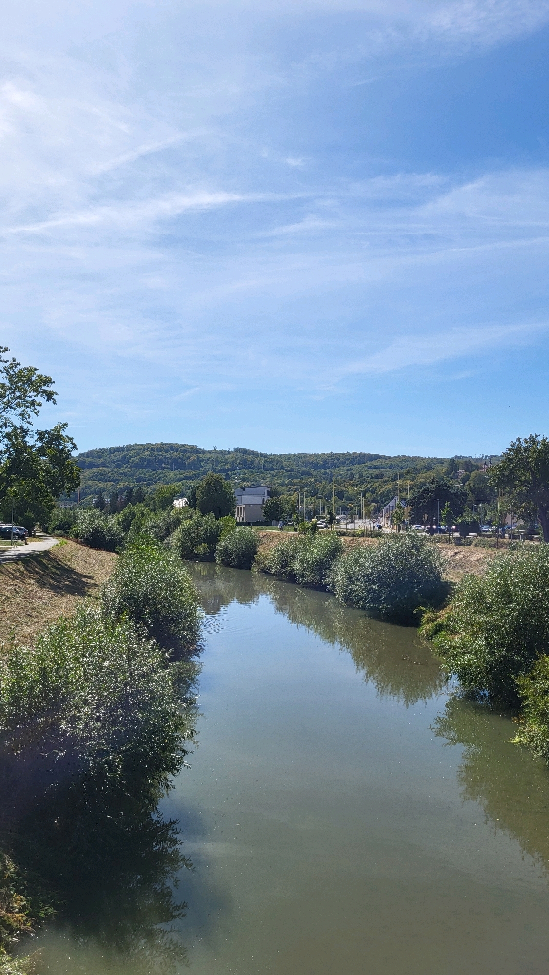 The image depicts a wide river flowing through a semi-urban area. The river's surface is calm and reflects the blue sky with scattered white clouds and the surrounding lush green trees. The riverbanks are lined with dense vegetation, including various bushes and trees. On the left bank, a paved pathway runs alongside the river, bordered by dry grass and more greenery. Further inland, there are buildings, including a modern, multi-story structure, and a road with parked cars and streetlights. In the background, a densely forested hill rises, creating a natural backdrop. The overall scene is tranquil and captures a sunny day in a location that appears to be on the outskirts of a city, with elements of both nature and urban development. The specific location in Prešov, Slovakia cannot be determined from the image alone.