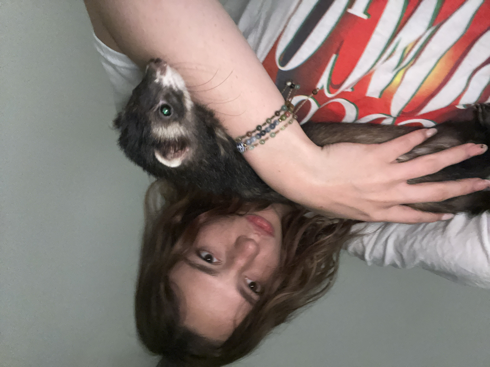 The image captures a young female holding a dark-furred ferret in an indoor setting, located in San Bernardino Tlaxcalancingo, Mexico. The female, possessing wavy brown hair and a light complexion, looks directly into the camera with a slight pout. She wears a white t-shirt, with a portion of a red shirt featuring white and other colored stripe-like patterns visible on her right side. Her left arm cradles the ferret, and her left wrist is adorned with multiple multi-colored beaded bracelets, including one with a distinct patterned bead. The ferret, characterized by its dark brown/black fur, white facial markings, and green eyes, faces towards the right of the frame. The background consists of an unadorned, plain light-colored surface.
