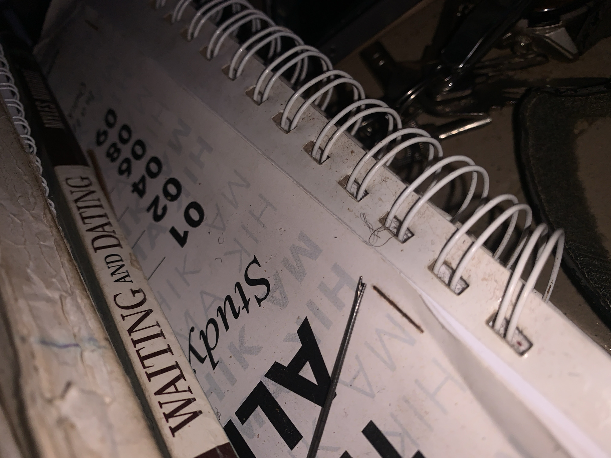 In a dimly lit indoor environment, likely a room or storage area, a close-up view captures a stack of books and a spiral-bound notebook. The topmost book has a worn, textured cover. Below it, a book with a white spine is visible, featuring dark red text that reads "WAITING AND DATING". Another book spine, with darker text, is partially visible on the right edge of the frame.
In the foreground, a spiral-bound notebook is open, revealing a page with a title written in cursive script that appears to read "Study". Large, bold black letters are printed on the page, with "AL" being the most prominent. Scattered across the page are faint, printed letters that form a repeating pattern, possibly a watermark or a background design.
A thin, metallic object, possibly a pencil or a thin rod, rests horizontally across the notebook page. The notebook is bound by a white, plastic spiral. The overall scene suggests a disarray of educational or personal materials, with the lighting casting deep shadows and highlighting certain elements. The environment appears to be an indoor setting.