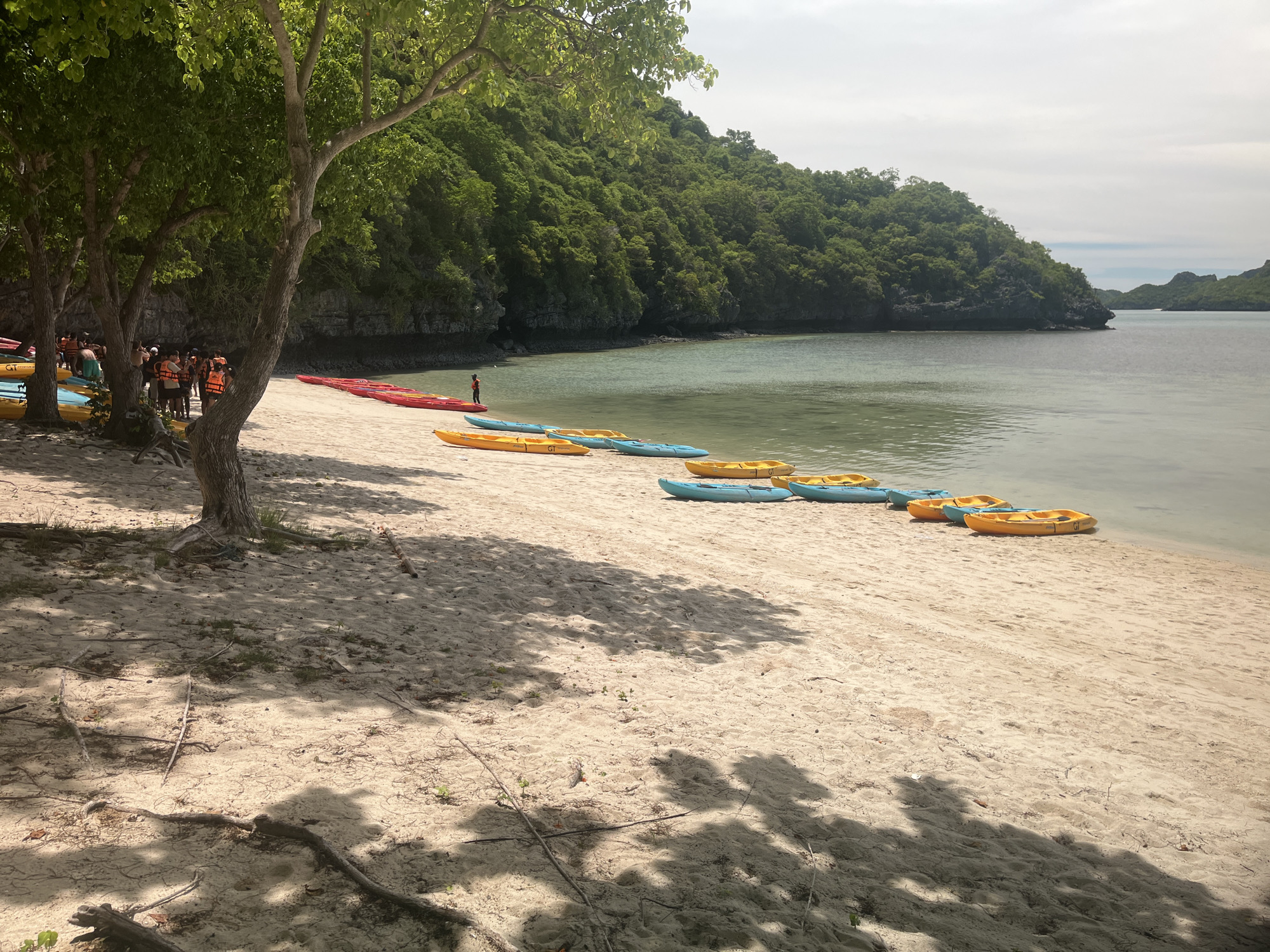 The image depicts a sandy beach with several colorful kayaks lined up along the shore. In the background, lush green trees and vegetation cover a rocky island, with calm, clear water stretching towards the horizon. A group of people, some wearing orange life vests, are gathered near the trees on the left side of the image, appearing to be preparing for or disembarking from a kayaking activity. The sun casts shadows from the trees onto the sand, indicating it is daytime. The scene appears to be a serene tropical beach, likely a tourist destination in Thailand, given the natural landscape.
