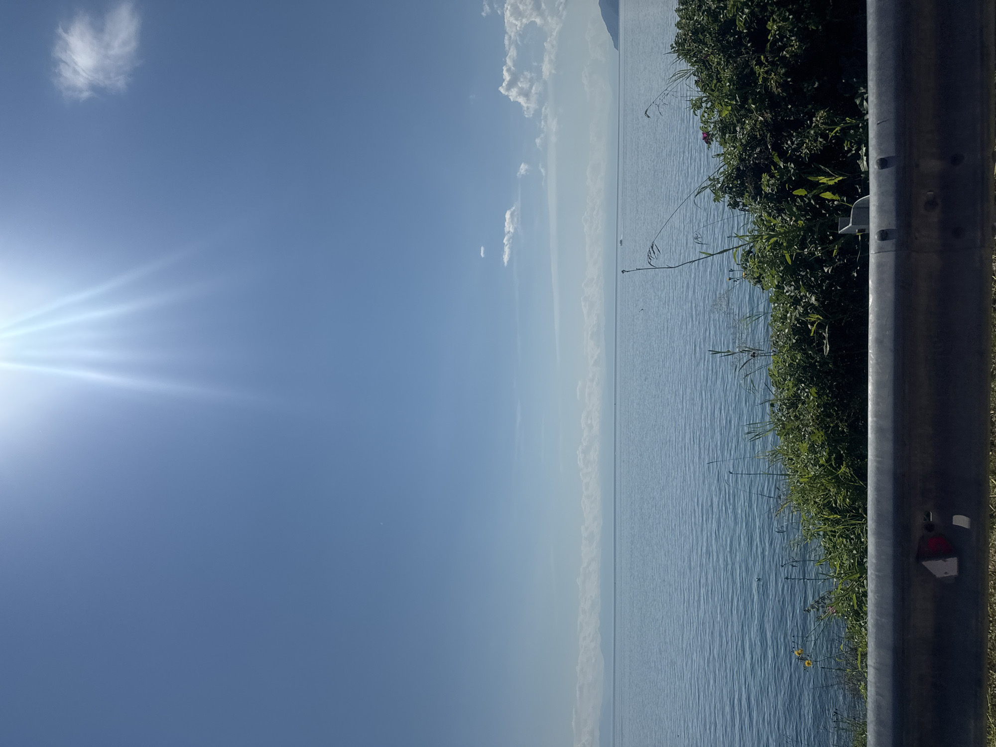 The image shows a bright, sunny day with a clear blue sky and a few scattered clouds. The sun is high in the sky, casting rays of light downwards. Below the sky is a vast expanse of calm blue water, likely a lake or sea, with gentle ripples on its surface. In the distance, a faint line of clouds hugs the horizon, suggesting land or mountains far away.
In the foreground, along the edge of the water, is a dense patch of green vegetation, including tall grasses and bushes with some small flowers. A metal guardrail runs horizontally across the bottom of the frame, separating the viewer from the vegetation and water. The guardrail appears to be made of metal and shows some signs of wear.
The scene depicts a natural landscape, possibly a roadside overlooking a body of water. There are no people visible in the image, and the overall atmosphere is peaceful and serene. The image does not provide any specific details that would place it in Listvyanka, Russia.