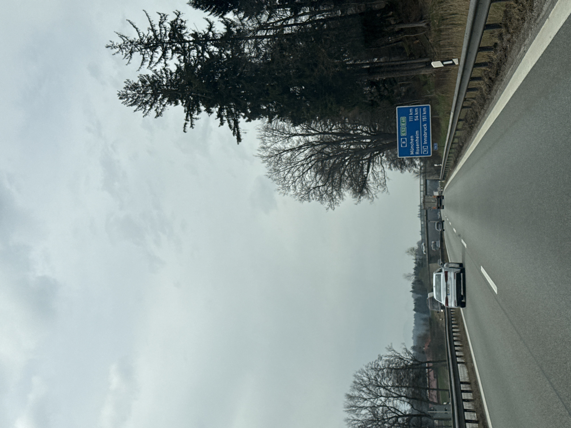 The image shows a view from a vehicle traveling on a German Autobahn. A blue traffic sign indicates distances: München 111 km, Rosenheim 54 km, Innsbruck 151 km. The autobahn is relatively busy with traffic. The roadside is lined with trees and greenery. The sky is overcast. This section of the A8 is near Siegsdorf, Germany, as indicated by the distance to Rosenheim.