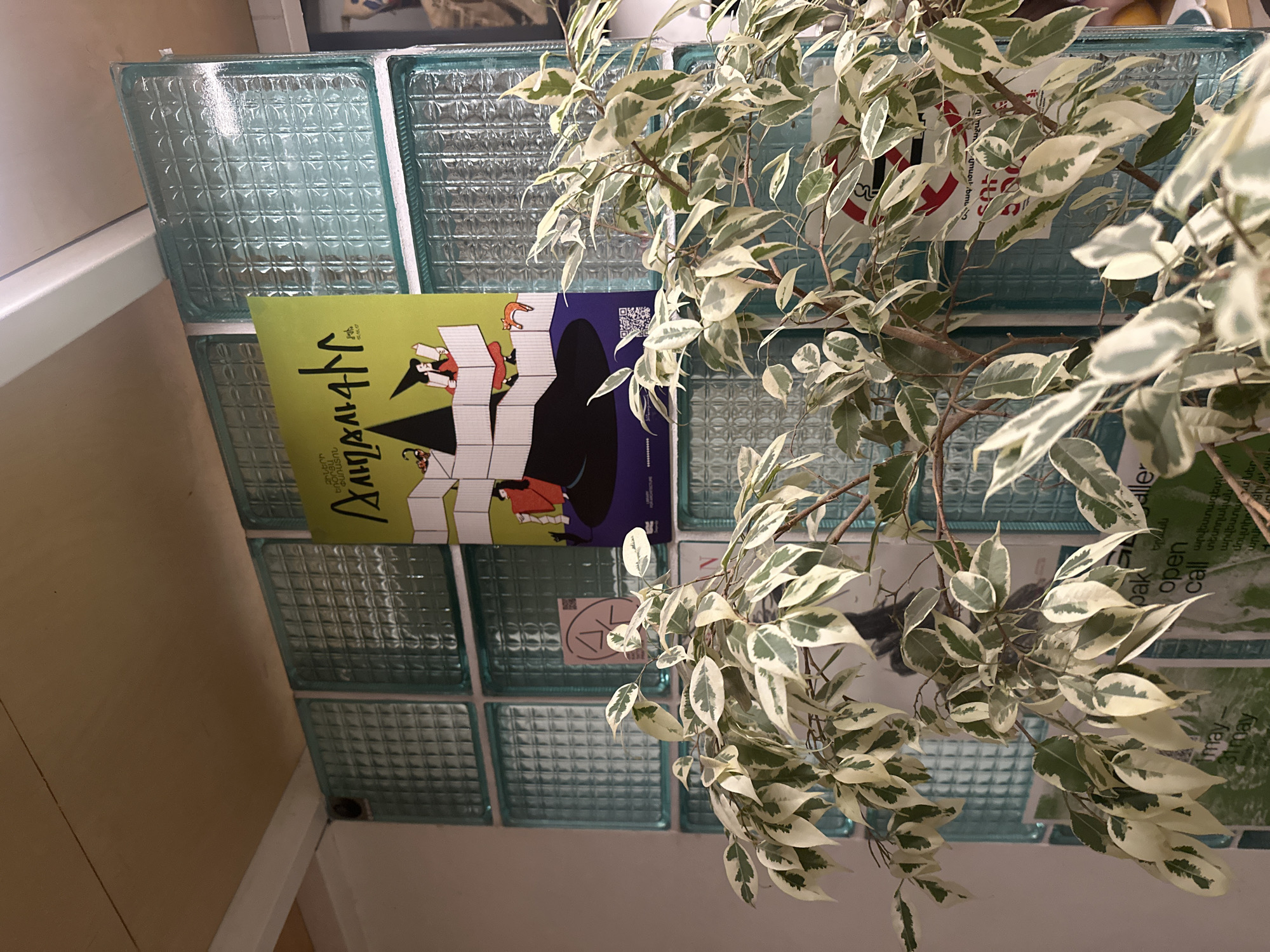 The image shows a section of a wall composed of blue-tinted glass blocks, a potted plant with variegated leaves of green and white, and a poster with text in Armenian. The poster advertises “DANGWAY” and “animation.” Another section of the poster includes a call for visual artists to join a multicycle project. The location is Yerevan, Armenia.