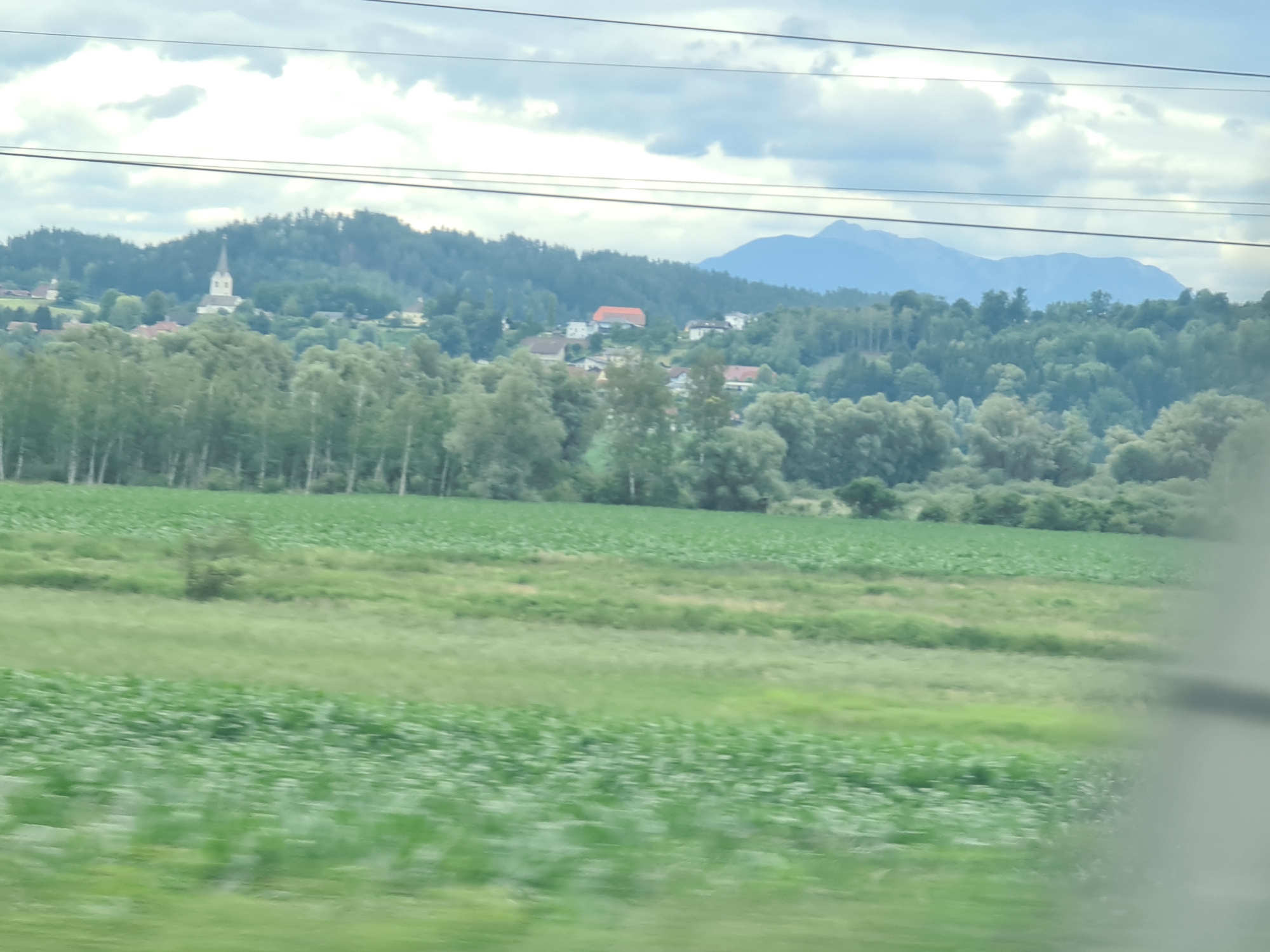 The image depicts a rural landscape with a village nestled on a hillside in the background. A prominent white church with a tall, steeple-like spire stands in the center of the village. Numerous houses with red-tiled roofs are scattered among the trees. The village is surrounded by lush green forests, and in the far distance, a range of blue mountains can be seen against a cloudy sky. In the foreground, there are expansive agricultural fields, with one field appearing to be planted with crops, indicated by rows of green plants. The scene suggests a tranquil, possibly overcast day in a European countryside. The village is identified as Hörzendorf, Austria.
