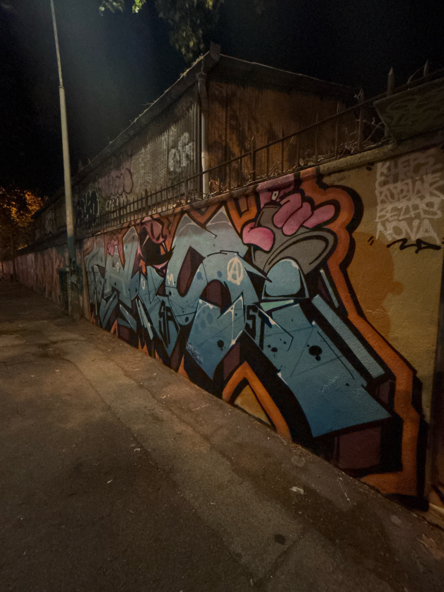 An eye-level, medium shot, full-body photograph captures a nighttime scene of a narrow urban alleyway. A tall, thin street lamp on the left side of the frame casts a faint light. The dominant feature is a long, wide, graffiti-covered concrete wall that runs along the right side of the alley. The graffiti is extensive and colorful, featuring bold, angular letters in shades of blue, orange, pink, and black. The wall itself is a light tan color, with some areas appearing worn or faded. Above the wall, a corrugated metal structure with a gutter is visible. A rusted metal fence with pointed tops separates the wall from the structure. The ground of the alley is paved with asphalt and appears somewhat dirty, with scattered debris. The overall atmosphere is dark and gritty, indicative of an urban environment at night.