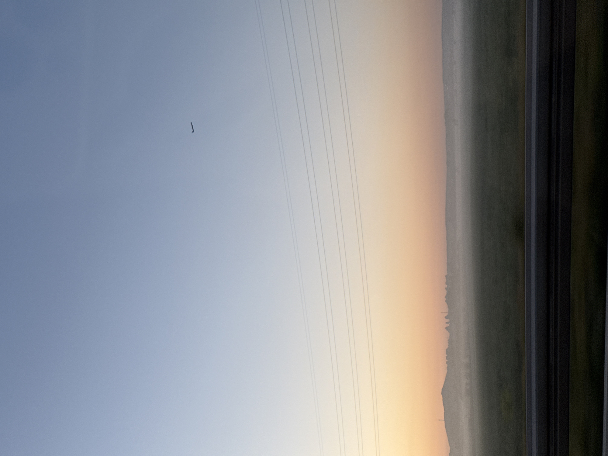 The image depicts a rural landscape transitioning from sky to land. A clear blue sky on the left gradually fades to a warm, orange hue near the horizon. Power lines stretch across the sky. Below the horizon, there is a strip of land, possibly a field or meadow, covered in a layer of mist. A dark, undefined area, possibly vegetation, is on the right. A dark object is in the sky. The location is possibly near Surcin Urban Municipality, Serbia.