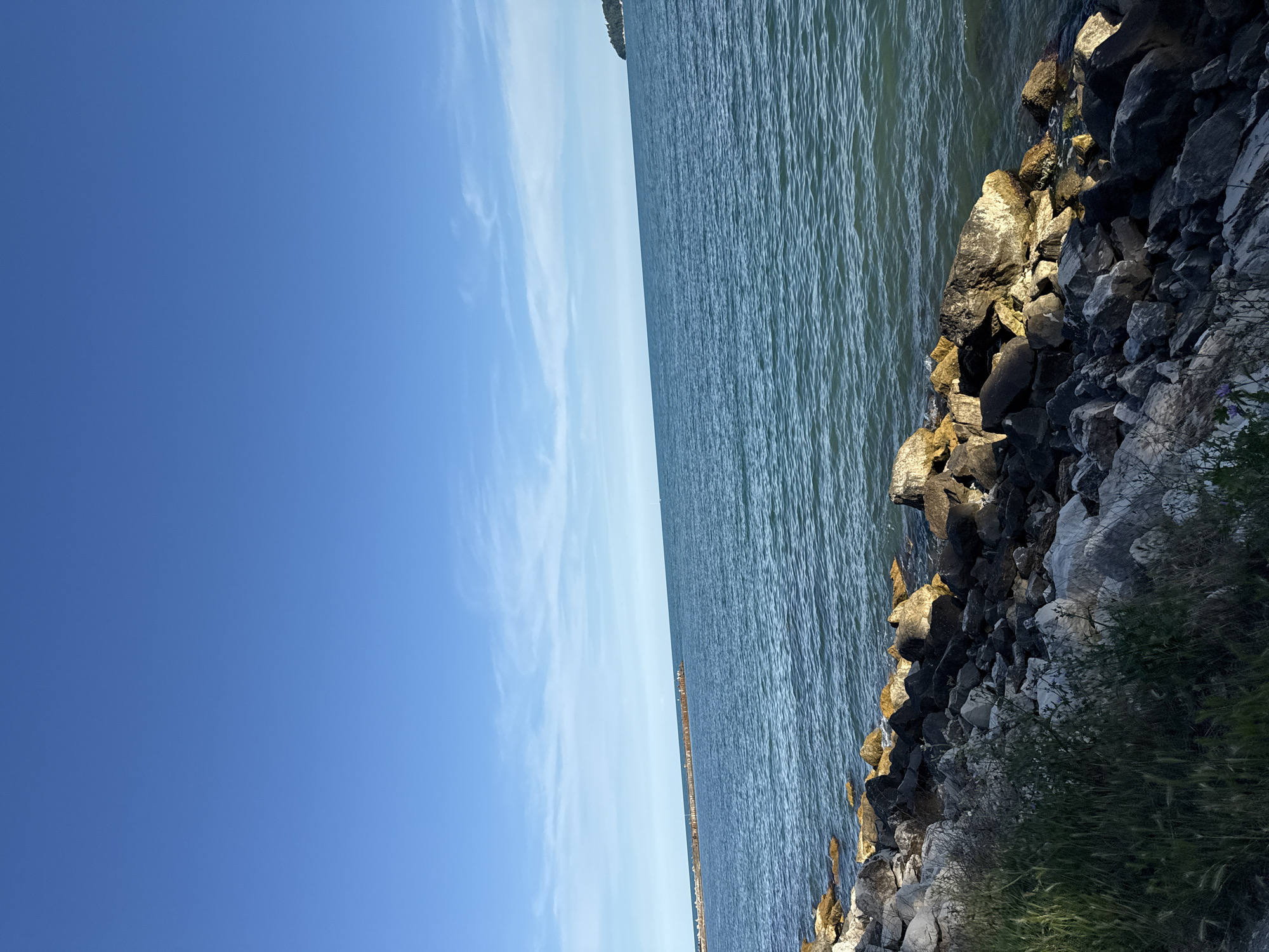 The image depicts a coastal scene with a rocky shoreline in the foreground and the sea extending to the horizon under a clear blue sky with sparse white clouds. A breakwater or pier is visible in the distance, with several figures standing on it. To the far right, a forested landmass or island is visible. The lighting suggests it is daytime, possibly late afternoon given the shadows on the rocks. The location is likely the coastline of Varna, Bulgaria, given the presence of such breakwaters and the general appearance of the sea and sky. There are no discernible actions or interactions among the people, and the environment is natural and tranquil.