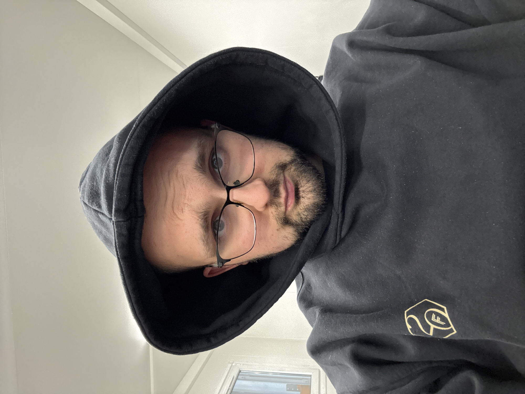A man wearing a black hooded sweatshirt and glasses is looking down at the camera. He has short blond hair and a beard. The background appears to be a white wall and a door with a window. There is no evidence to determine that the location is in the city of Epping Forest, United Kingdom.