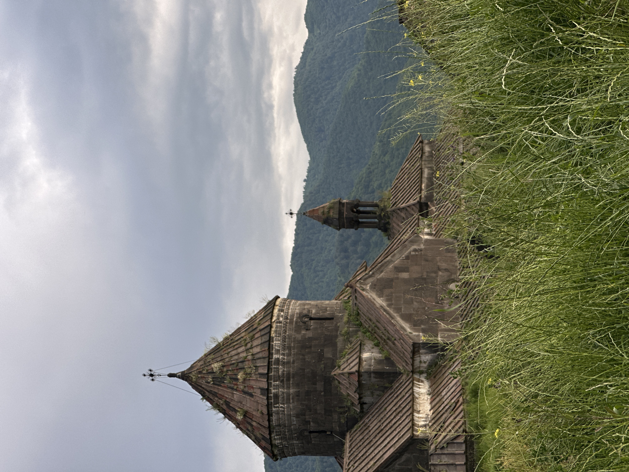 The image shows a historic Armenian monastery complex in Haghpat, Armenia, set against a backdrop of lush green mountains under a cloudy sky. In the foreground, tall, dry grass with a few yellow wildflowers partially obscures the view of the monastery. The monastery itself is constructed from stone and features a prominent conical, tiled dome topped with a cross. Adjacent to this dome is a smaller bell tower, also capped with a cross. The architecture suggests age, with weathered stone and tiled roofs that show signs of wear and vegetation growth. The surrounding environment is natural and hilly, with dense forests covering the mountains. No people are visible in the scene.