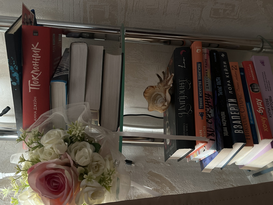 The image depicts a static indoor scene within the city of Zvezda, Russia, focusing on a chrome and glass shelving unit positioned against a light-colored, textured wall.
On the upper glass shelf, to the left, a bouquet of artificial flowers is displayed. The bouquet consists predominantly of pink and white roses along with green foliage, wrapped at its base with white tulle netting and a white ribbon that extends downwards. To the right on the same shelf, a stack of books is visible. The top book has a dark cover with a light blue design. Beneath it, a red-covered book titled "ПОКЛОННИК" (Admirer/Fan) with the author "АННА ДЖЕЙН" (Anna Jane) is prominent. Several plain light-colored books are stacked horizontally underneath.
On the lower glass shelf, a larger stack of horizontally arranged books occupies the right side. Perched atop this stack, also on the right, is a light brown conch seashell. The topmost visible book in this stack features a dark cover with the title "ИМПРИНТ" (Imprint) and "Lou" in red script. Below this, additional books with spines of various colors (orange, blue, black, red, purple, white) are stacked. Recognizable titles include "ТОНКОЕ ИСКУССТВО ПОФИГИЗМА" (The Subtle Art of Not Giving a F*ck), "180 СЕКУНД" (180 Seconds), "ТИХИЕ ГОСТИ" (Quiet Guests), and "НИКОЛАС СПАРКС" (Nicholas Sparks).
A black cable is visible descending behind the top shelf in the background. The lighting suggests an indoor setting, with a shadow of the bouquet cast onto the wall behind the shelves, indicating a light source from the left. No individuals are present in the scene.