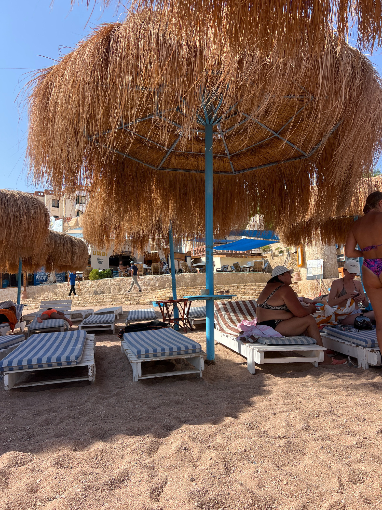 A wide shot captures a sandy beach area at Sharm El Sheikh, Egypt, under a bright, clear sky. Several sun umbrellas with thatched roofs provide shade over rows of empty and occupied lounge chairs. On the beach, three women are seated or reclining on lounge chairs, wearing swimwear. One woman, wearing a leopard print bikini and a white sun hat, is looking to her left while seated on a lounge chair. Another woman in a black bikini and a white sun hat is also seated on a lounge chair, holding a white towel. A third woman, with her back to the camera, is wearing a purple and black patterned bikini and is standing near the lounge chairs. In the background, a building with multiple windows and balconies is visible, with signs suggesting it is a commercial establishment, possibly a restaurant or dive shop, with the name "UMBI" and "Since 1983" clearly legible. People are also seen walking in the distance near the building. The sand is a reddish-brown color, with some debris and pebbles scattered throughout. The scene depicts a typical day at a beach resort.