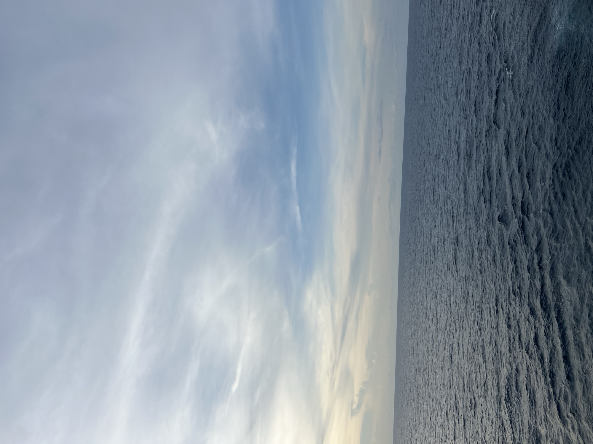 This is a wide shot of the ocean under a cloudy sky. The ocean occupies the lower half of the frame and is a deep, dark blue with small waves. The sky fills the upper half of the frame and is a lighter blue with wispy white clouds. The horizon line is clearly defined where the ocean meets the sky. The lighting suggests it is either early morning or late afternoon, as the sky has a soft, diffused light. There are no people, buildings, or any other objects visible in the scene, indicating an open expanse of water. The overall impression is one of vastness and tranquility. The location is Unknown, Unknown.