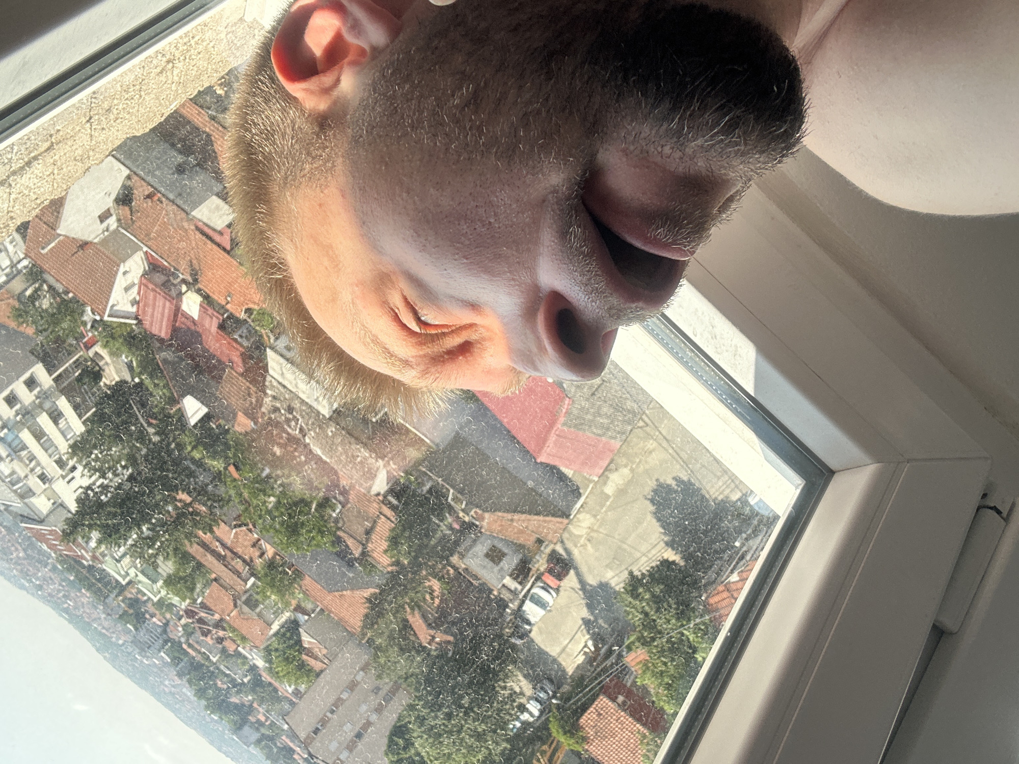 This is a close-up, upside-down photograph of a person's face positioned near a window, with a view of a residential area in the Zvezdara Municipality, Serbia, visible through the glass. The subject's eyes are closed, and their mouth is slightly open, giving the impression they might be sleeping or resting. They have light-colored hair and stubble on their face. The scene is lit by natural sunlight, suggesting it is daytime, likely morning or afternoon, given the brightness. The window frame is white, and the glass appears slightly smudged or dirty, with small circular marks visible across its surface.
The background beyond the window shows a dense urban landscape with numerous buildings, many featuring red-tiled roofs characteristic of European architecture. Trees with green foliage are interspersed among the buildings, indicating a moderately vegetated urban environment. The perspective from the window suggests the vantage point is elevated, looking down onto the streets and rooftops. There are cars visible on the street below, further confirming the urban setting. No text is visible in the image. The overall mood is relaxed and intimate, focusing on the individual's peaceful moment against the backdrop of a busy city.