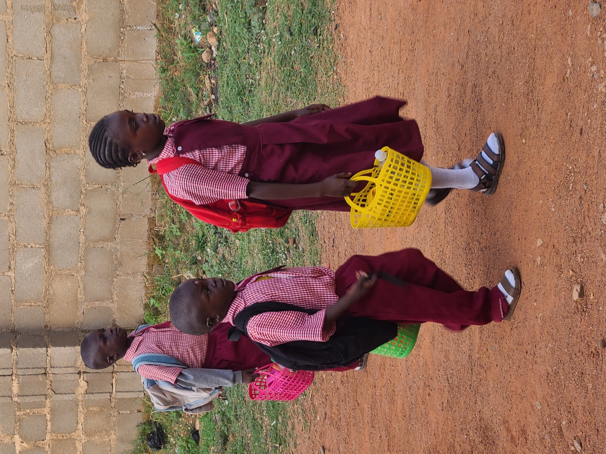 Three school children in Barakin Lerawi, Nigeria, walk on a dirt path alongside a building made of concrete blocks and an area of green vegetation. The child at the front of the group is a girl. She wears a red and white checkered shirt, a maroon jumper, white socks, and sandals. She carries a red backpack and a yellow basket. The second child, a boy, wears a similar red and white checkered shirt and maroon pants. He carries a black backpack and a green basket. The third child, another boy, wears the same checkered shirt, and carries a grey backpack and a pink basket.