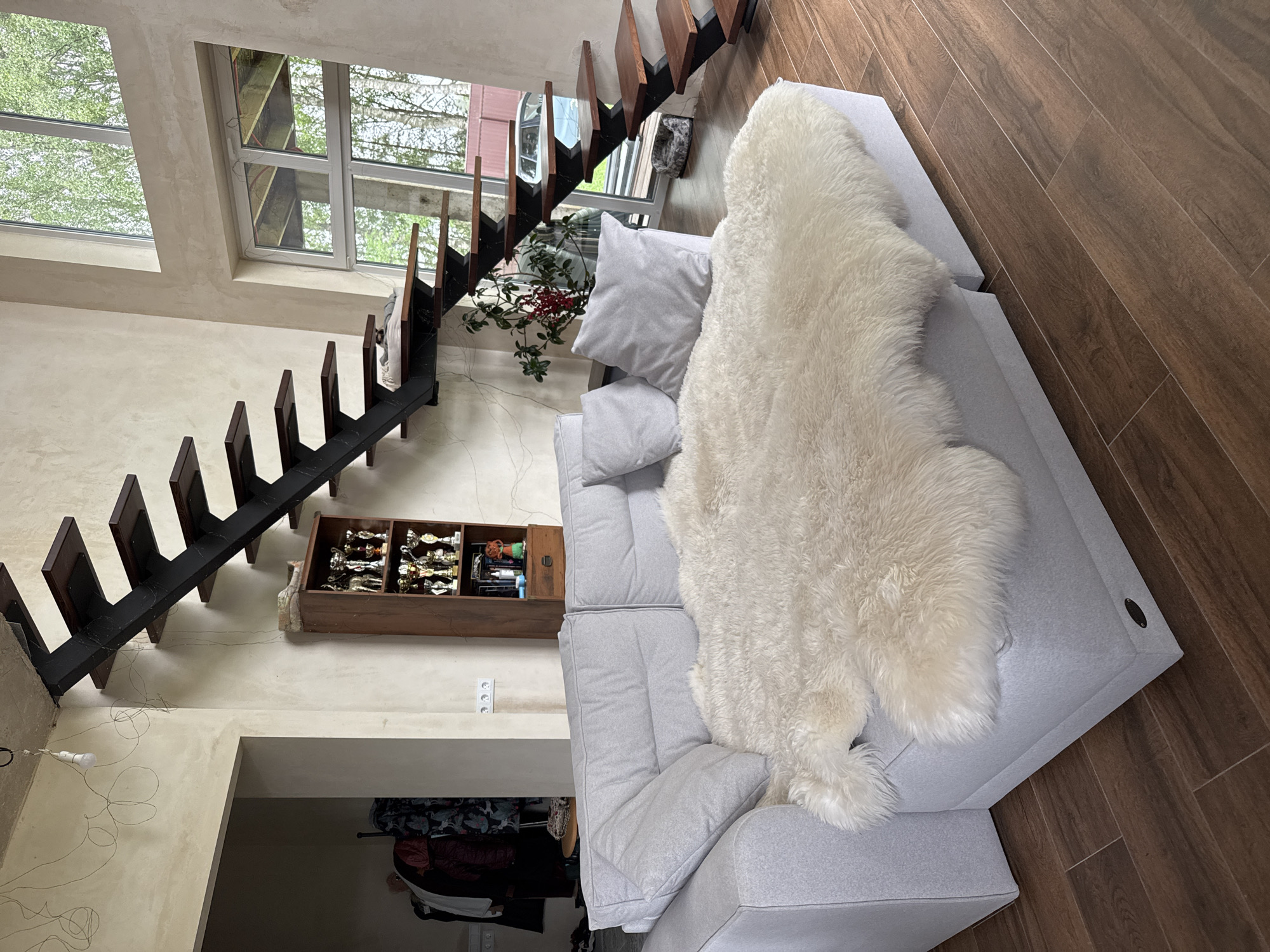 A spacious, modern living room with an open-plan design is depicted. The room features a high ceiling with exposed concrete and ductwork, as well as large windows offering views of greenery and trees. A prominent black metal staircase with wooden steps ascends along one wall.
In the foreground, a light gray sectional sofa is covered with a large, fluffy cream-colored sheepskin rug. Two light gray throw pillows rest on the sofa. To the left of the sofa, an open doorway leads to another area where clothes are hanging on a rack. To the right of the sofa, a tall, dark wood bookshelf filled with trophies and decorative items stands against the wall.
The flooring is dark brown wood-look tile. In the background, through the large windows, an outdoor scene with trees and a car is visible. The overall impression is one of a contemporary, airy, and elegantly furnished living space. The image does not contain any people.
