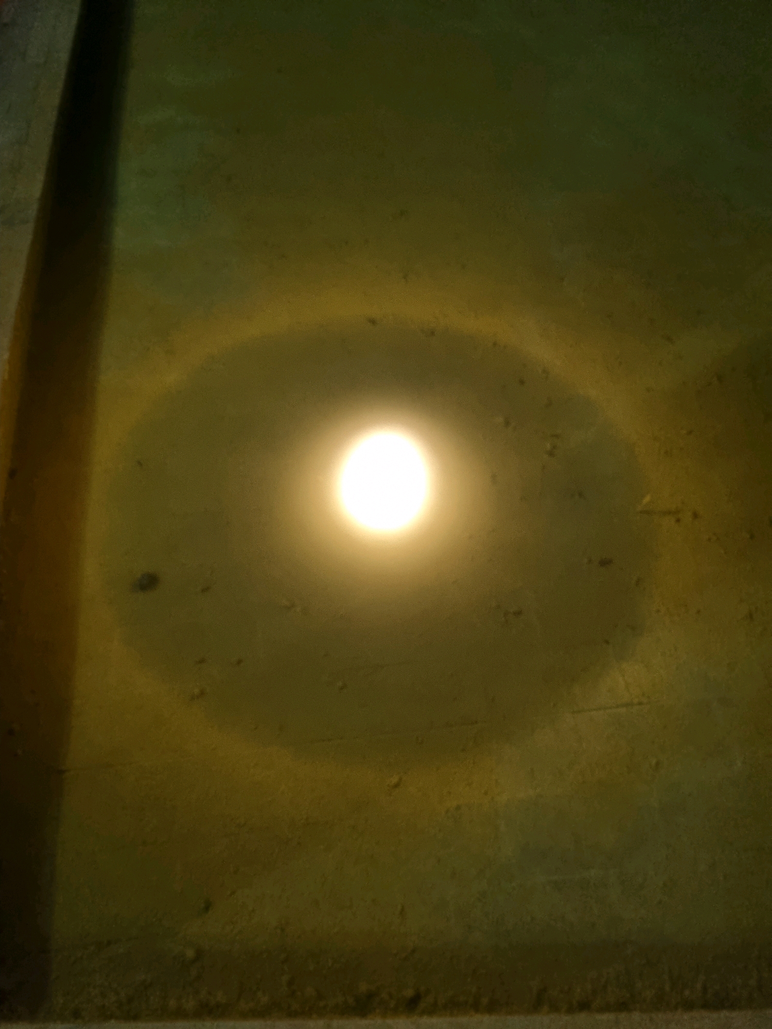 A bright light source, possibly a streetlamp, is positioned centrally in the frame, casting a strong glow. Surrounding this light is a halo-like effect, suggesting a reflection or refraction of light, possibly from water or dust particles. The background appears to be a textured, dull yellow-green surface, possibly a wall or pavement, with visible specks of dirt or debris. A dark vertical shadow falls from the left side of the frame, indicating a structure or object outside the camera's view. The overall scene is dimly lit, with the central light source being the dominant feature. This phenomenon was captured at night on October 31, 2023, in the city of Tanamodindi, Indonesia.
