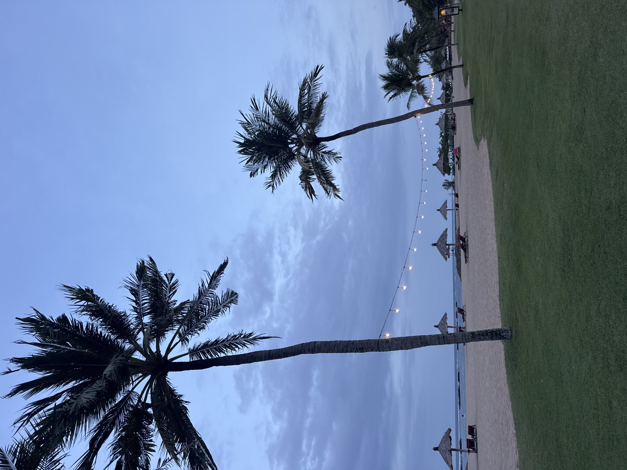 The image shows a beachside scene in Kuta Selatan, Indonesia. Two prominent palm trees are in the foreground, contrasting against the evening sky with scattered clouds. A string of lights stretches between the trees, illuminating the beach below. The beach features several thatched-roof umbrellas with lounge chairs underneath. A patch of green grass separates the beach from a further line of palm trees in the background. The ocean is visible in the distance. No people are clearly visible in the image.