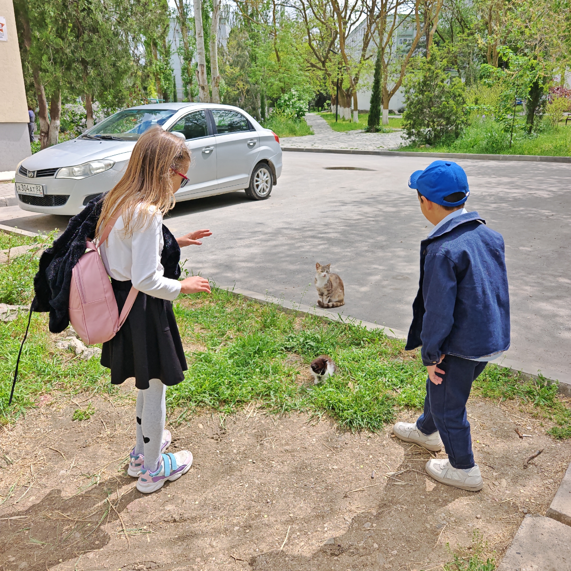 A silver sedan with license plate А304АТ 82 is parked in a city location, assumed to be городское поселение Щелкино, Ukraine. A girl with long hair, wearing a white top, black skirt, grey tights, and pink sneakers, stands with a pink backpack and black jacket slung over her shoulder. She faces a small patch of grass where a black and white kitten is. A tabby cat is seated on the pavement nearby. A boy in a blue denim jacket, blue pants, and white sneakers is to the right of the girl, also facing the kitten. Trees and a building are visible in the background.