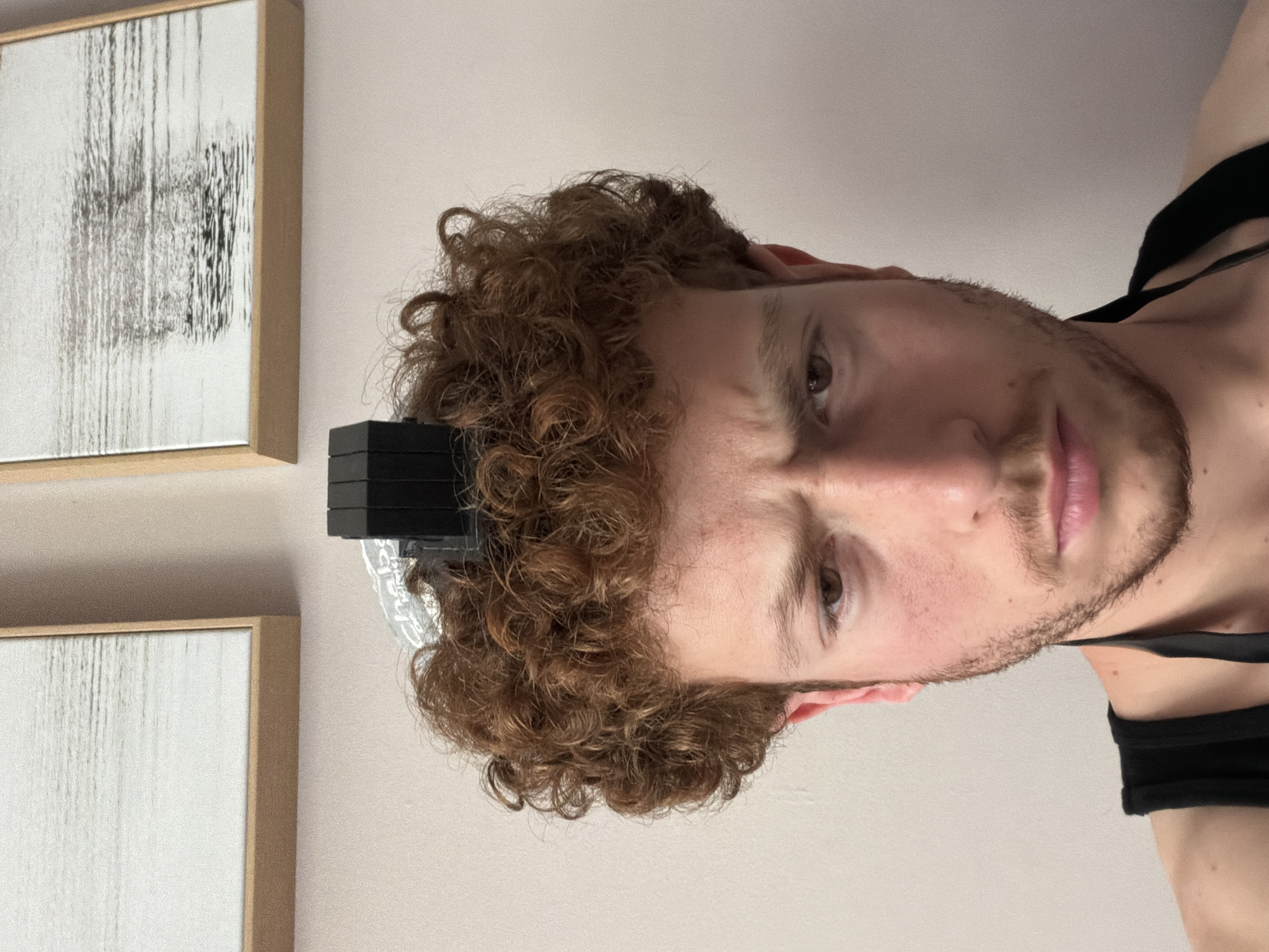 A young man with light brown, curly hair and a short beard is the central subject of the image. He is captured in a close-up shot, looking directly towards the viewer with a neutral to slightly concentrated expression. On top of his head, approximately five to six small, black, rectangular objects are carefully stacked and balanced. He appears to be wearing a black tank top or strap.
The background consists of a plain, light-colored wall. Two framed abstract artworks hang on the wall, one positioned above and slightly behind the man's head, and another lower and to the left. These artworks feature white backgrounds with dynamic black brushstrokes or textures, and are encased in light wooden frames.
The activity taking place is a posed photograph, with the man demonstrating an act of balance by stacking objects on his head. The lighting is soft and even, suggesting an indoor setting, possibly with ambient artificial or natural light. There are no specific visual cues within the image to indicate the time of day. No discernible text is visible. While the context states New York, USA, there are no visual elements in the image itself that confirm this location.