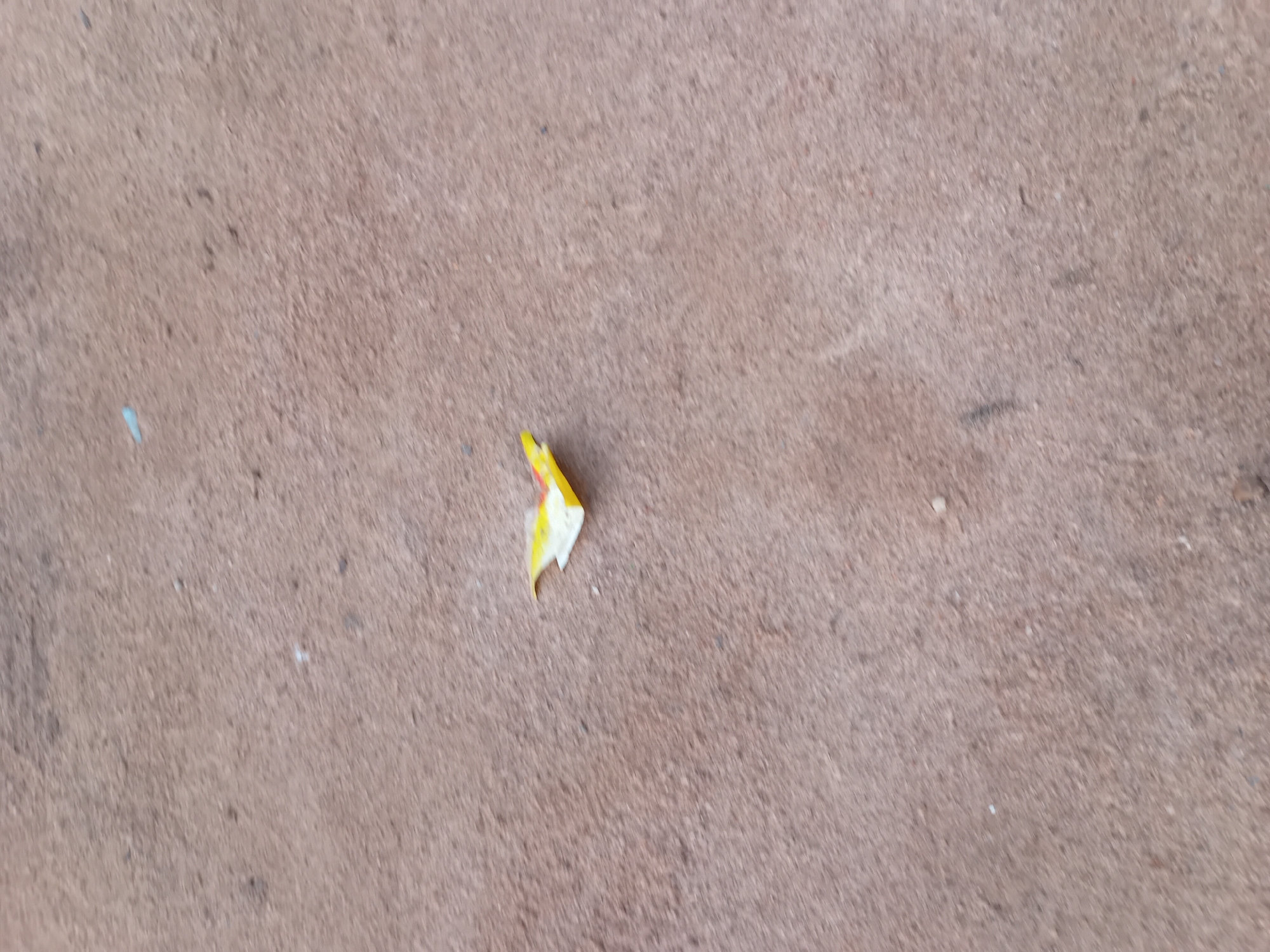 A small, crumpled piece of yellow and red wrapper lies on a textured, light brown surface that appears to be dirt or pavement. The wrapper is folded in half, with the yellow side facing upwards and a small portion of red visible on the left. The surface is uneven and has a granular appearance, with scattered small dark and light flecks. The lighting is somewhat diffused, casting no strong shadows. The scene is outdoors and appears to be a section of ground in an urban or rural setting. There are no people or animals visible in the image.
