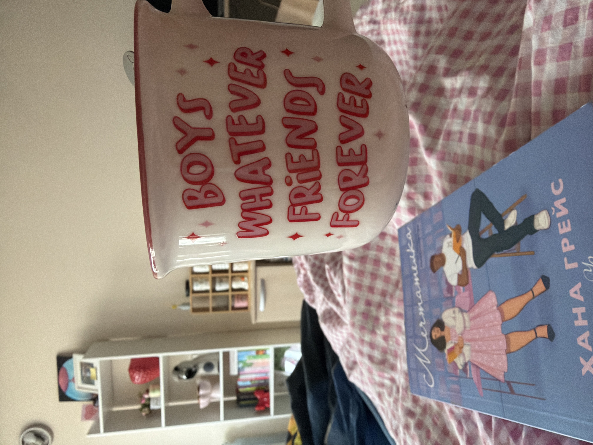 The image shows a mug and a book resting on a pink and white checkered surface. The mug is white with red lettering that reads "BOYS WHATEVER FRIENDS FOREVER." The book cover is blue and features illustrations of a man and woman. The background includes a white shelf unit with various items and a beige wall. The image does not contain enough information to determine a location in Sofia, Bulgaria.
