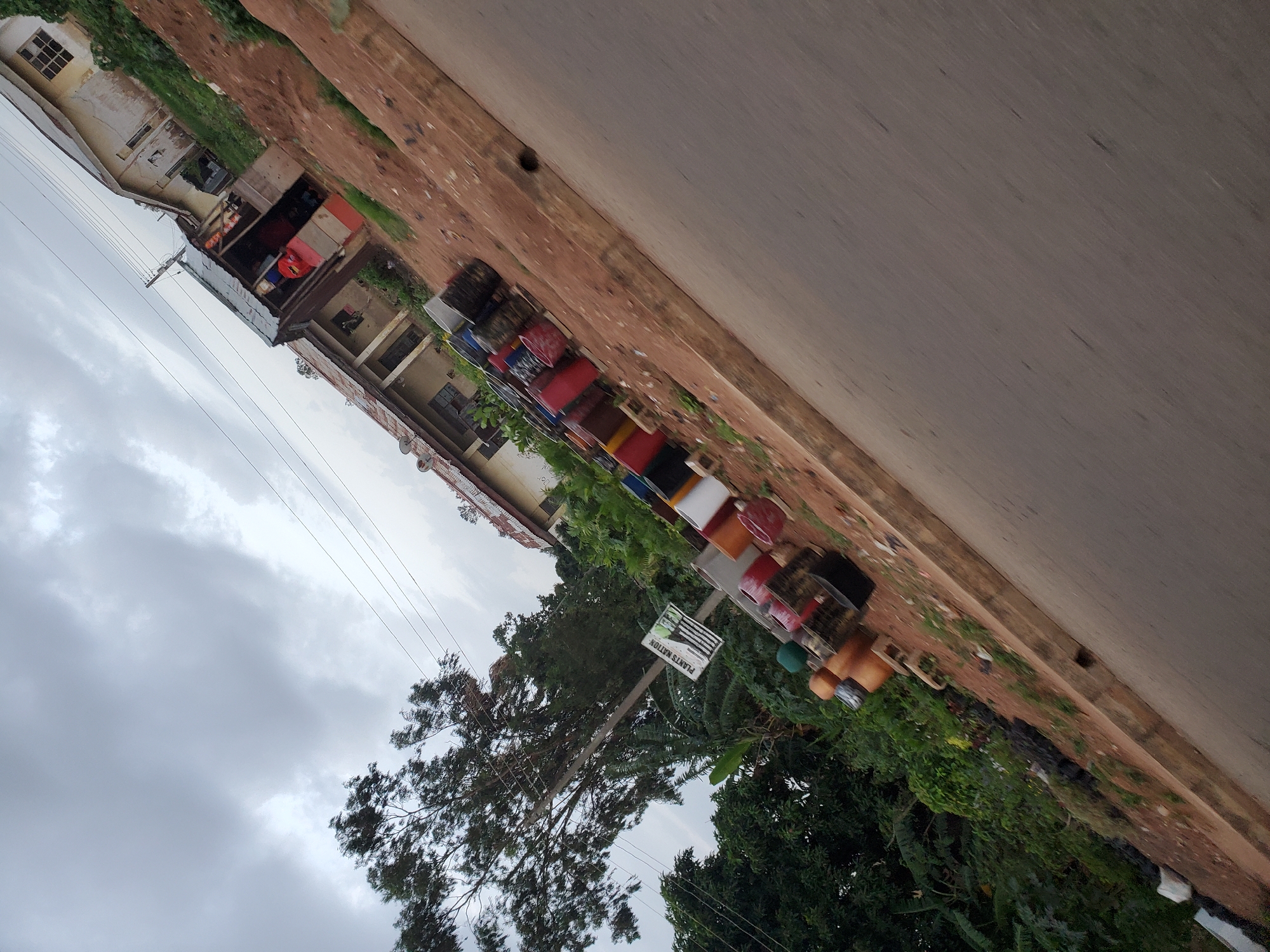 In Bukuru, Nigeria, a street scene unfolds with a tilt, showing a road on the right and a raised dirt embankment on the left. Along the embankment, a line of various large colorful containers, predominantly red and blue, are displayed for sale. Behind these containers, dense green foliage and trees frame the scene. Further back, a row of buildings with tin roofs lines the embankment. One small stall, a simple structure with a tin roof, is partially visible, with a person in a red shirt visible inside. The sky above is overcast with gray clouds. A sign reading "PLANTS NATION" is mounted on a pole near the containers.