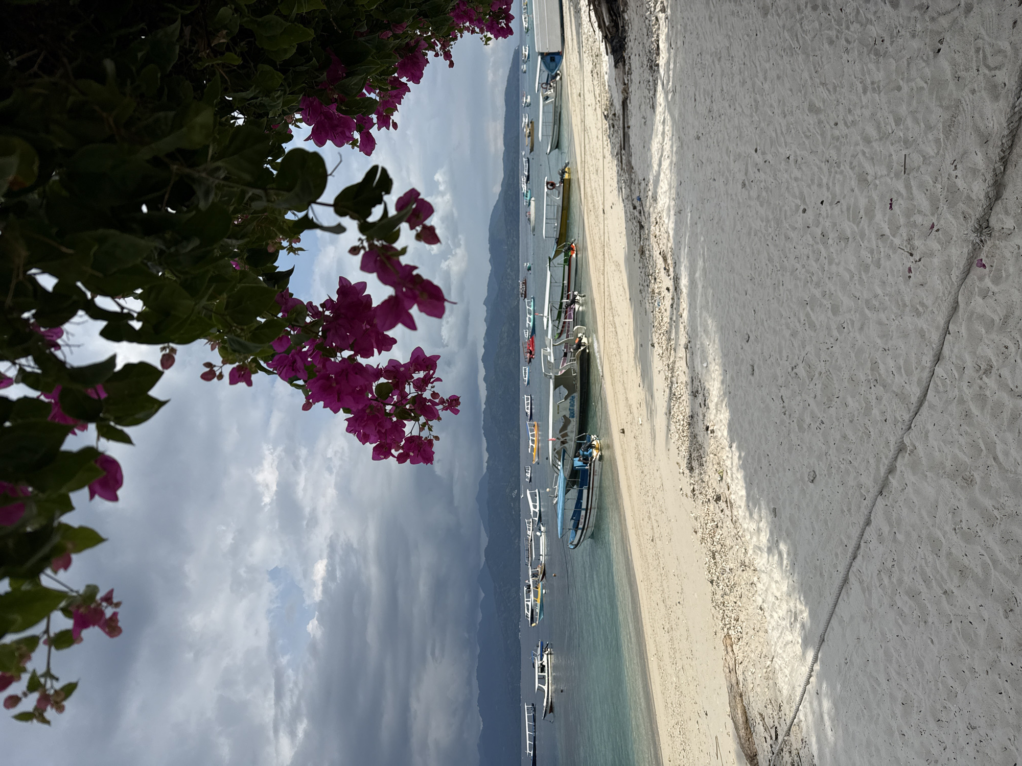The image depicts a beach scene in an unknown location in Indonesia. Several boats are docked along the shoreline. A mountain range is visible in the background under a cloudy sky. Bougainvillea flowers frame the left side of the image. The beach has light-colored sand.