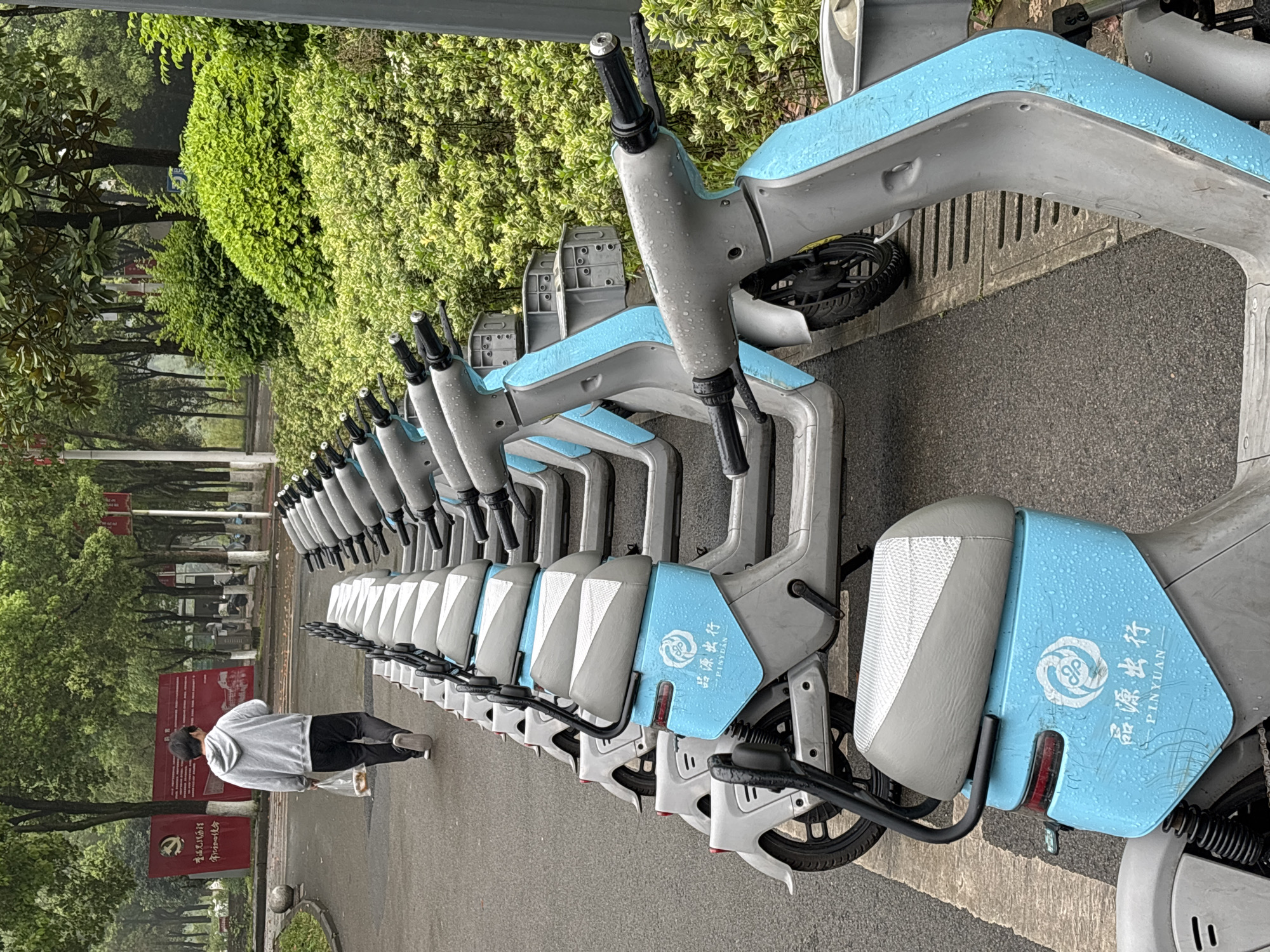 The image depicts a row of parked shared electric scooters on a paved surface in Jiangjin, China. The scooters are colored in light gray and blue. Each scooter has a seat, handlebars, and a rear compartment with the "品源出行 PINYUAN" logo printed on it. Water droplets indicate it has recently rained. A person wearing a gray hoodie and dark pants is walking past the scooters, carrying something in a plastic bag. Trees and bushes line the sidewalk adjacent to the parked scooters. A red sign with Chinese characters stands nearby. The scooters are lined up neatly in a designated parking area.