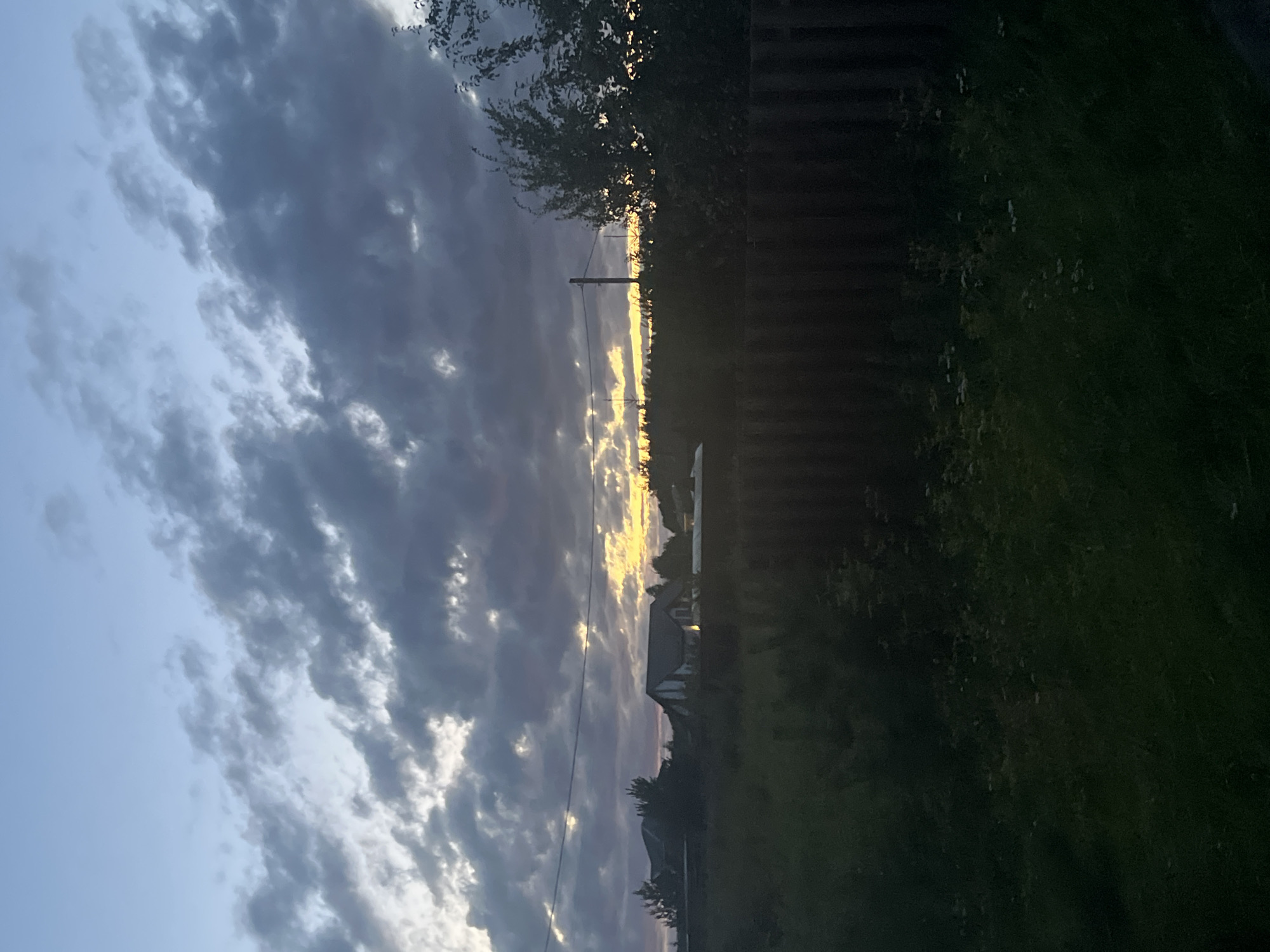 An exterior, vertical, medium-wide shot captures a dusky sky filled with dramatic, dark gray clouds with streaks of pale yellow and white from the setting sun. Below the sky, silhouetted trees and houses line the horizon, with a distinct building featuring a dark roof and light-colored walls in the middle ground. A dark, weathered wooden fence runs horizontally across the lower half of the frame, with overgrown green grass and vegetation in the foreground. A single power line stretches horizontally across the middle of the sky. The scene suggests an evening setting in a rural or suburban area, possibly a village like Vladimirovka, Russia, given the architectural style and natural elements. There are no people or animals visible in the image.