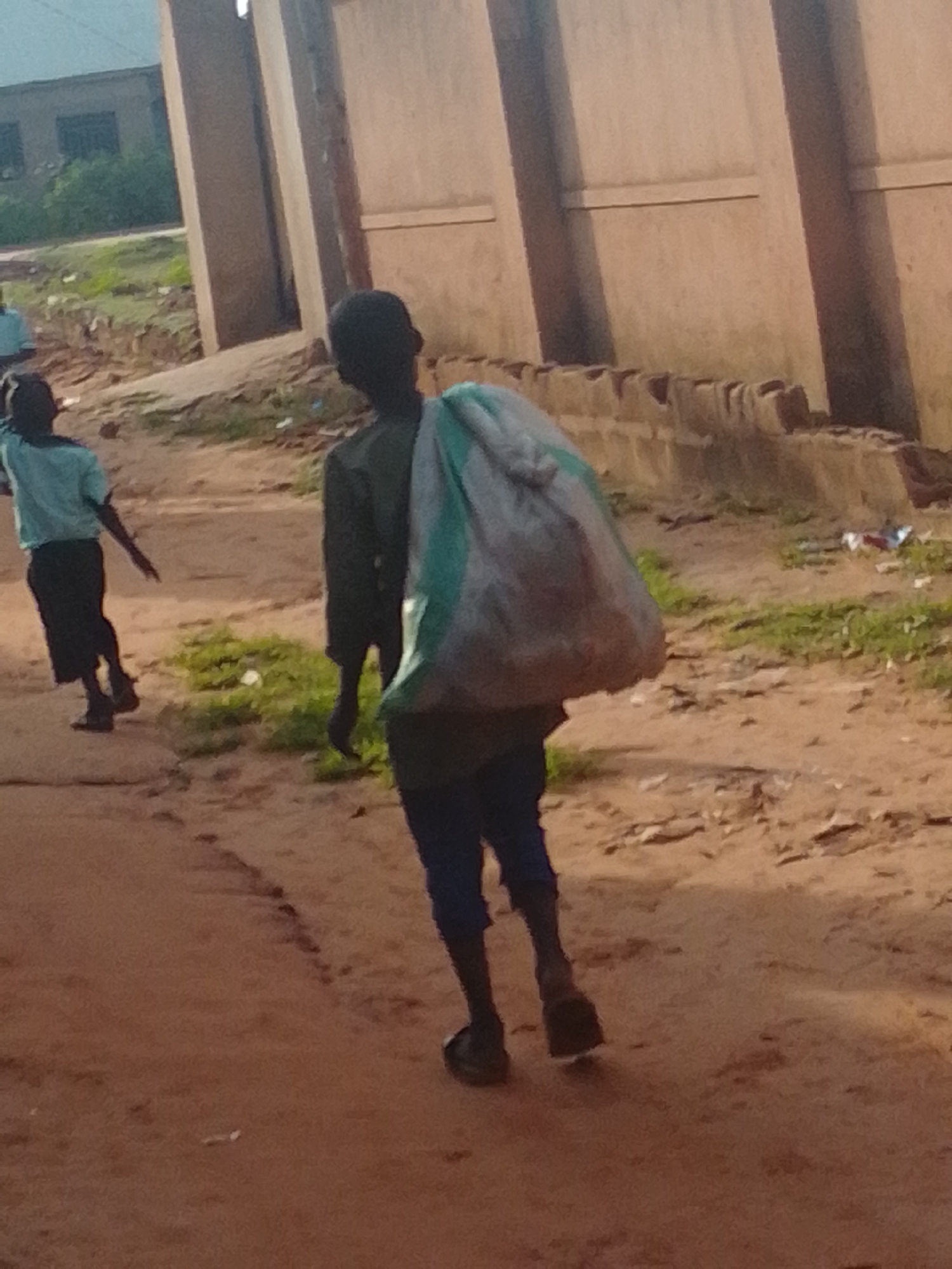 In an outdoor, dusty environment in Unknown, Unknown, a young boy is walking away from the camera, carrying a large, light-colored bag filled with unknown contents on his right shoulder. The boy is wearing a dark-colored shirt and blue trousers. To his left, another young boy is walking away from the camera, wearing a light blue shirt and dark trousers. In the background, a building with windows and a textured wall is visible, along with sparse green vegetation and scattered debris. The ground is predominantly dirt and sand.