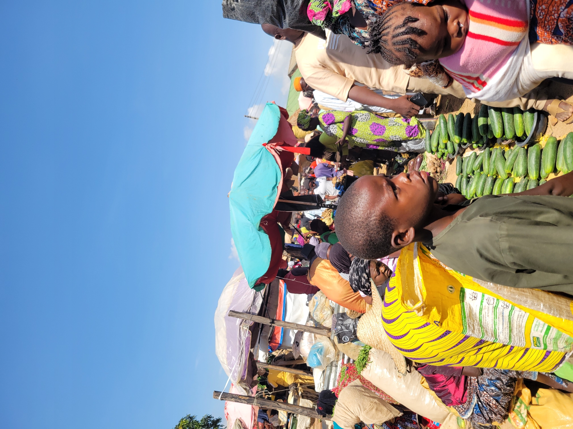 A bustling outdoor market scene is depicted on a clear day. The foreground features a young boy looking to his left, his dark hair neatly cut. To his right, a baby is being held, swaddled in a pink and white striped blanket, with braided dark hair. Rows of fresh green cucumbers are neatly arranged in a basket in front of the children. In the middle ground, a diverse group of people are seen shopping and interacting amongst stalls laden with goods, including large sacks of what appear to be grains or produce, and colorful fabrics. Several market umbrellas, some brightly colored, provide shade. The background reveals more stalls, more people, and a clear blue sky. The environment suggests a vibrant marketplace in a populated area.