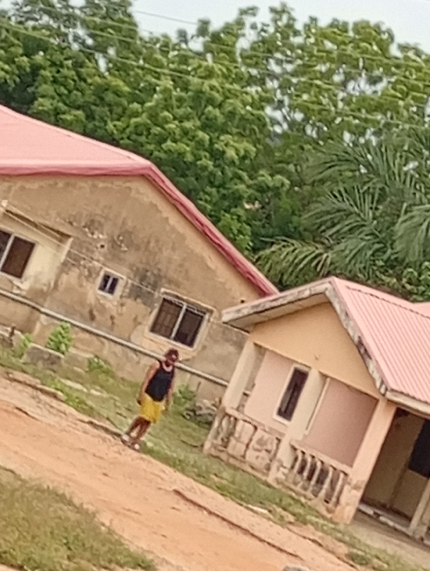 A person is walking on a dirt path in Adankolo, Nigeria. The person is wearing a black tank top and yellow shorts. Two buildings with pink roofs are to the side of the path. Green trees are in the background.