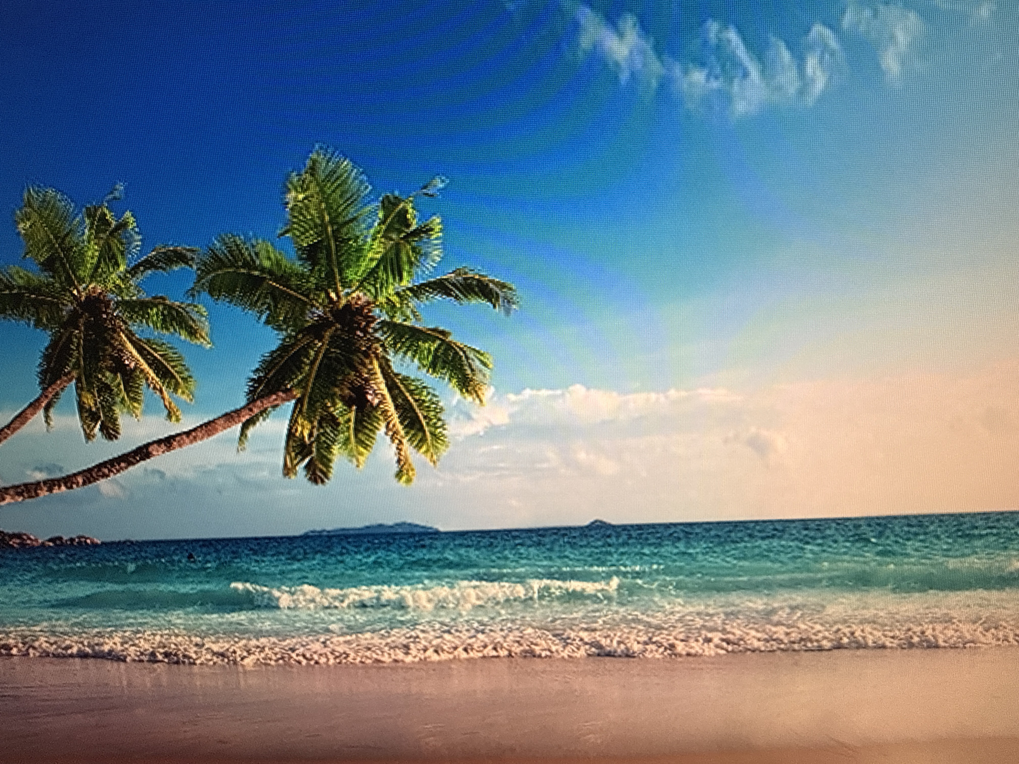 This is a photograph of a tropical beach scene. Two palm trees with green fronds are prominently featured in the foreground, with their trunks and branches arching across the frame. The trees are set against a vibrant blue sky with scattered white clouds. Below the trees, a clear turquoise ocean meets a sandy beach. Gentle waves with white foam are washing ashore. In the distance, there are faint outlines of islands or landmasses. The sun appears to be high in the sky, suggesting it is daytime, and the weather looks clear and pleasant. There are no people or text visible in the image. The overall impression is one of a serene and idyllic tropical paradise.