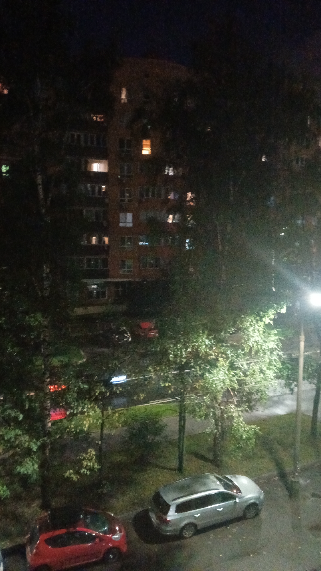 An outdoor nighttime scene in Mytishchi, Russia, captures a residential building with illuminated windows, flanked by trees. In the foreground, two cars are parked on a wet paved surface: a red hatchback on the left and a silver wagon on the right. A streetlamp illuminates the area to the right of the frame. The overall impression is a typical urban residential setting at night.