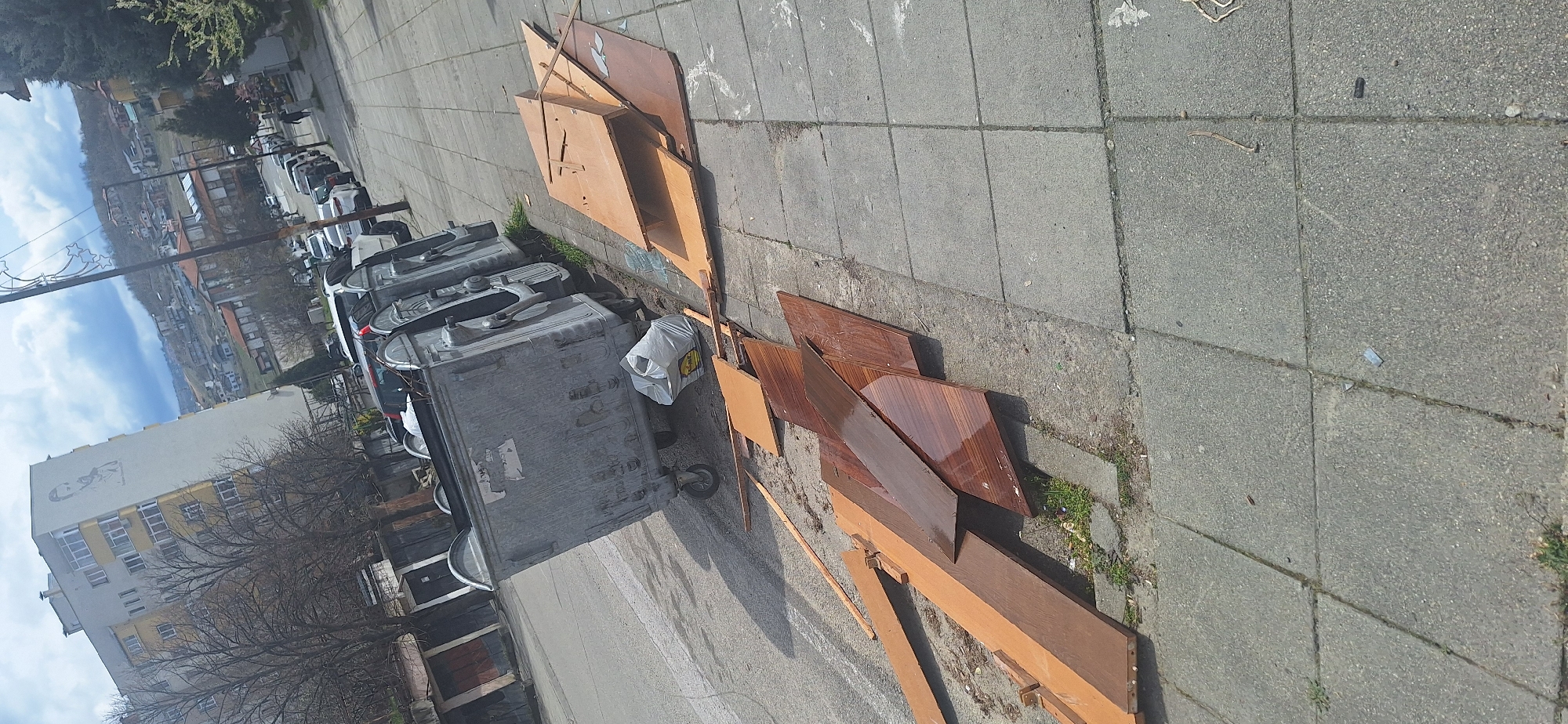 The scene depicts a street in Blagoevgrad, Bulgaria. A large, grey dumpster with wheels sits adjacent to a line of parked cars. Nearby, on the pavement, there is discarded wooden furniture including shelves, panels, and support structures. A white plastic bag is also near the dumpster. The background shows a building with a mural and a landscape with a hillside and houses. The sky is partly cloudy.