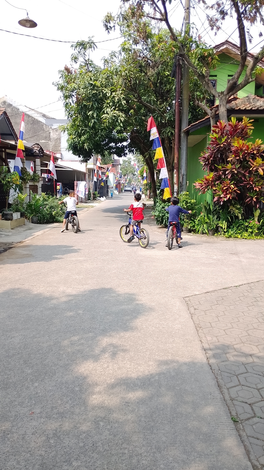 In Bojongsoang, Indonesia, on a sunny day, three young boys are riding bicycles down a paved street lined with houses and trees. The boy on the left wears a white t-shirt and shorts, while the middle boy wears a red and white t-shirt and dark shorts. The boy on the right wears a blue t-shirt and patterned pants. All three boys are facing away from the camera, engrossed in their ride. The street is decorated with colorful flags, suggesting a local celebration or event. The houses on either side of the street are typical Indonesian residences, with one house on the right painted bright green. Lush greenery and plants surround the houses, adding to the vibrant atmosphere. The road surface is a mix of asphalt and a tiled pathway on the right. The overall scene depicts a lively and communal residential area in Bojongsoang.