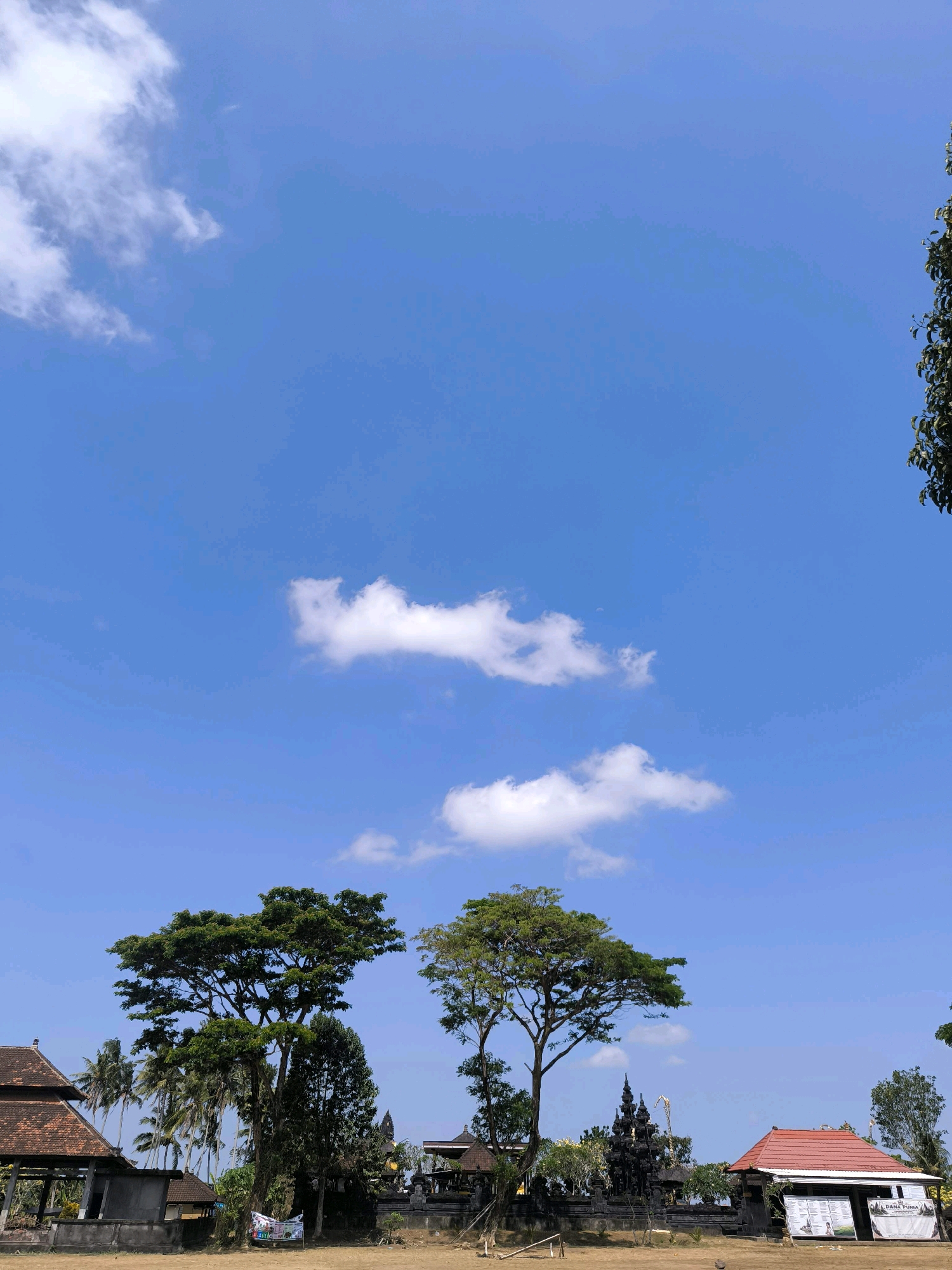 The image depicts a view of the Tabanan, Indonesia area on a bright, sunny day with a clear blue sky dotted with scattered white clouds. In the foreground, there is a dry, dusty open area, possibly a field or courtyard. To the left, a traditional Balinese building with a multi-tiered, dark tiled roof is visible, with supporting structures and a stone wall. Several palm trees are clustered behind this building. In the center of the frame, a large, mature tree with a full, green canopy dominates the scene. To the right of this tree, there's an ornate, dark stone structure resembling a temple gate or monument with spires. Further to the right, another building with a bright red tiled roof and a white facade stands. White banners with text and images are attached to the facade of this building. The environment appears to be a cultural or historical site with distinct architectural styles characteristic of Bali. The ground is bare and appears to be dirt or sand, with some sparse vegetation. No people are clearly visible in the image.