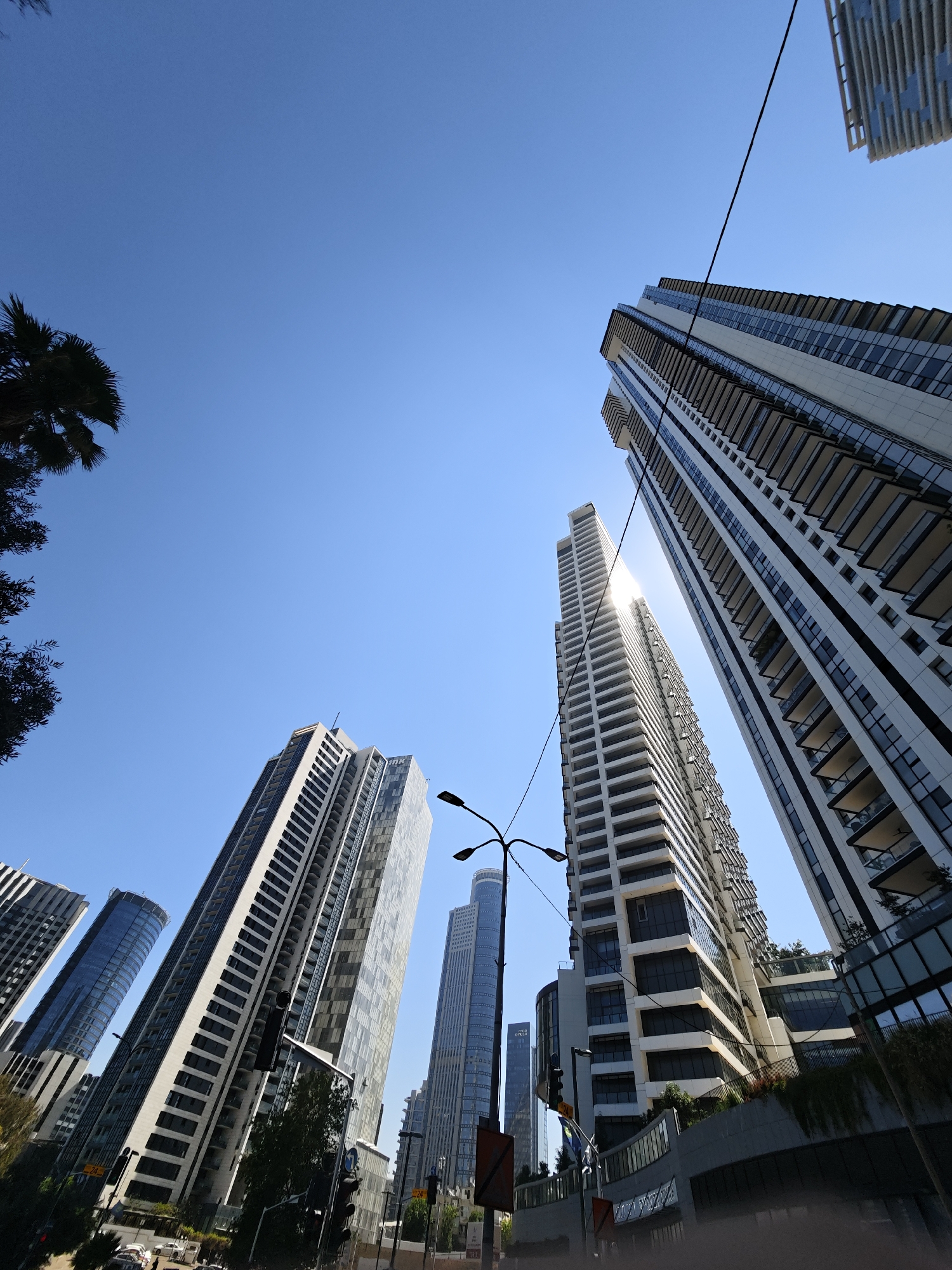 This is an exterior, ground-level, low-angle shot of modern high-rise buildings against a clear blue sky. The buildings are tall, with many floors and balconies. The architecture appears to be contemporary, with glass and white facades. In the foreground, palm trees and other greenery are visible, suggesting a warm climate and a city park or tree-lined street. The sun is shining brightly, creating some lens flare and highlighting the details of the buildings. Traffic lights and street signs are visible at street level, indicating this is a public urban area. The overall impression is one of a modern, developed city. The image captures a view looking up at skyscrapers in Givatayim, Israel, specifically likely from the vicinity of Shaul Hamelech Boulevard.