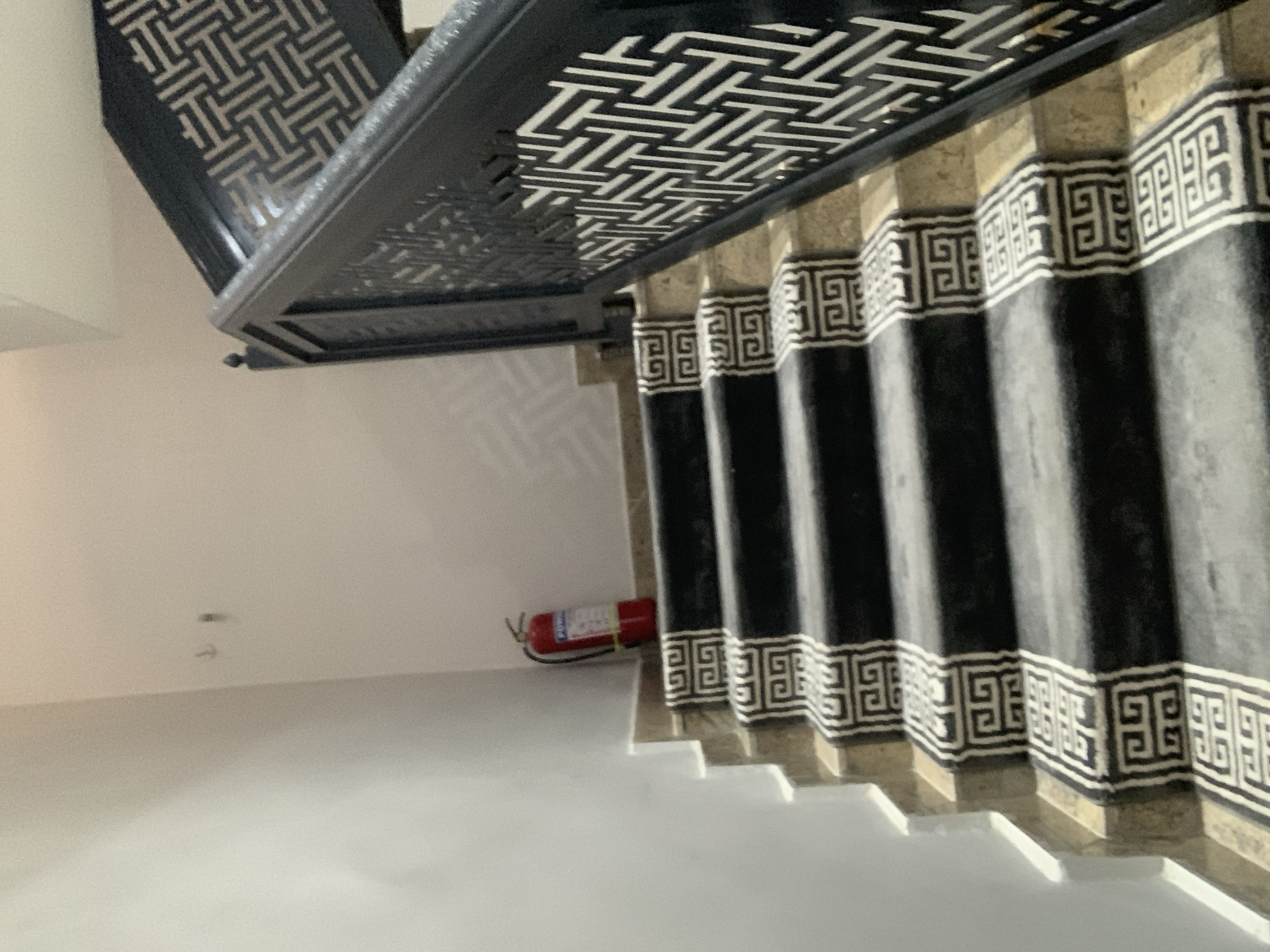 The image shows a dimly lit interior staircase with a black carpet runner featuring a white geometric pattern. The stairs themselves appear to be made of stone or concrete. A red fire extinguisher stands on the second step from the top, to the left of the frame. The staircase has a black metal railing with an intricate geometric design. The walls are painted a light color. The scene is likely located in a residential or commercial building in Abuja, Nigeria.
