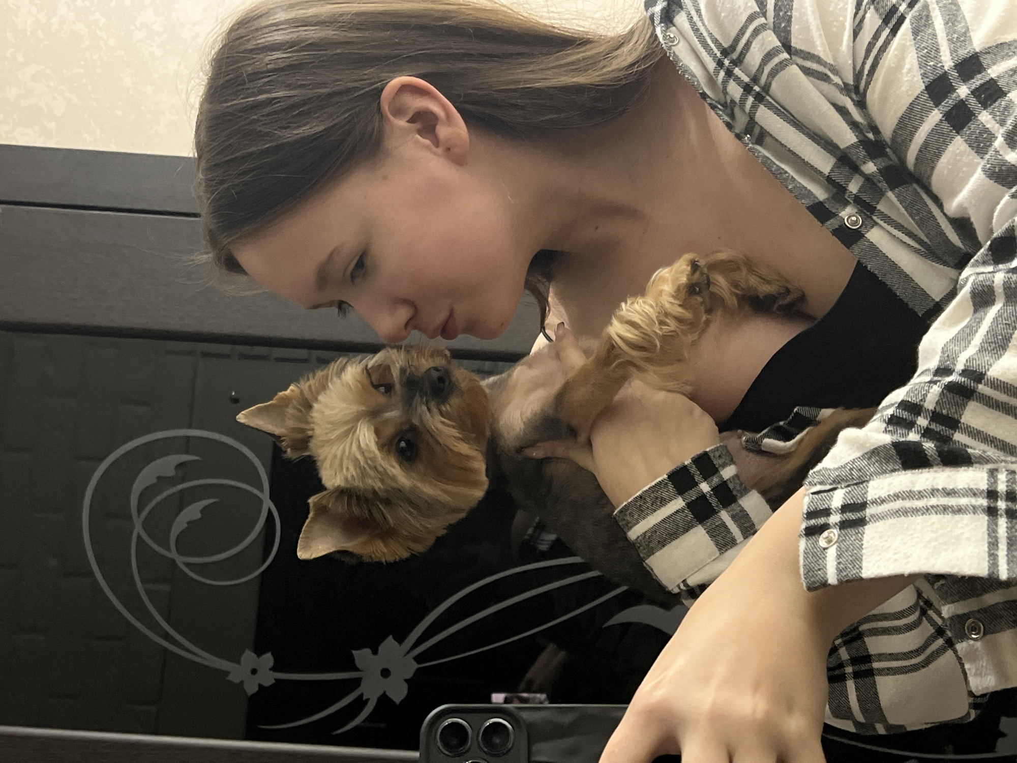 An indoor photograph, set in Chaikovsky, Russia, captures a tender moment between a young woman and a small dog, likely a Yorkshire Terrier. The woman, with long brown hair and wearing a black and white plaid shirt over a black top, holds the dog close to her face, her lips gently pursed as if to kiss its head. Her affectionate gesture towards the dog, which has tan and brown fur and is looking upwards, conveys a strong bond.
The scene is lit from an unseen source, suggesting daytime or a well-lit interior. The background features a dark, reflective surface, possibly a piece of furniture or a decorative panel, adorned with an ornate, light-colored swirling and floral pattern. Above this, a plain dark surface extends, topped by a lighter-colored wall or ceiling. In the lower foreground, a dark smartphone with a prominent camera array is partially visible, held by a hand. There is no visible text in the image, and the weather is not discernible from the indoor setting.